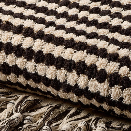 Detailaufnahme Badetuch Domino aus 100 % Baumwolle in Braun-Schwarz mit kontrastreichem Streifenmuster, 180 × 100 cm