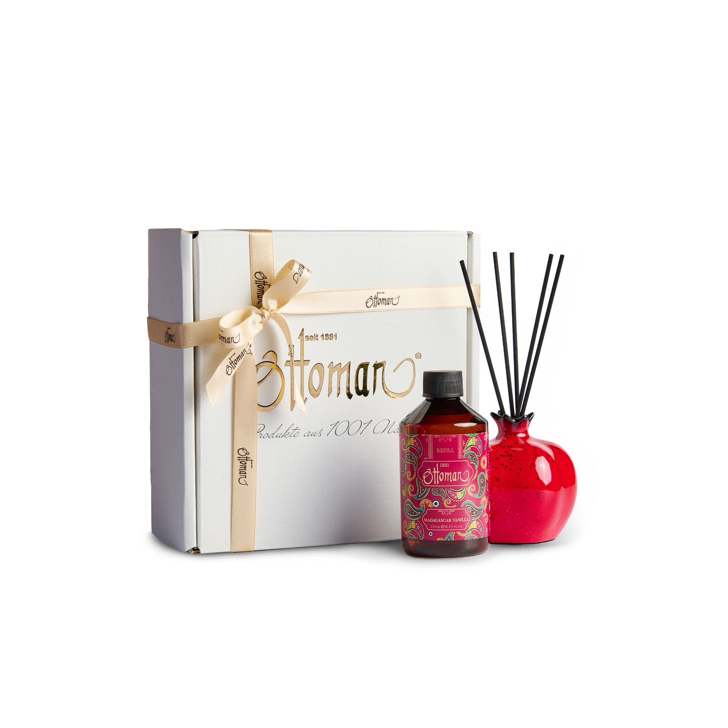 Duftset Madagascar Vanilla mit Raumduft-Diffuser Rot Größe S, 250 ml Refill und Geschenkbox
