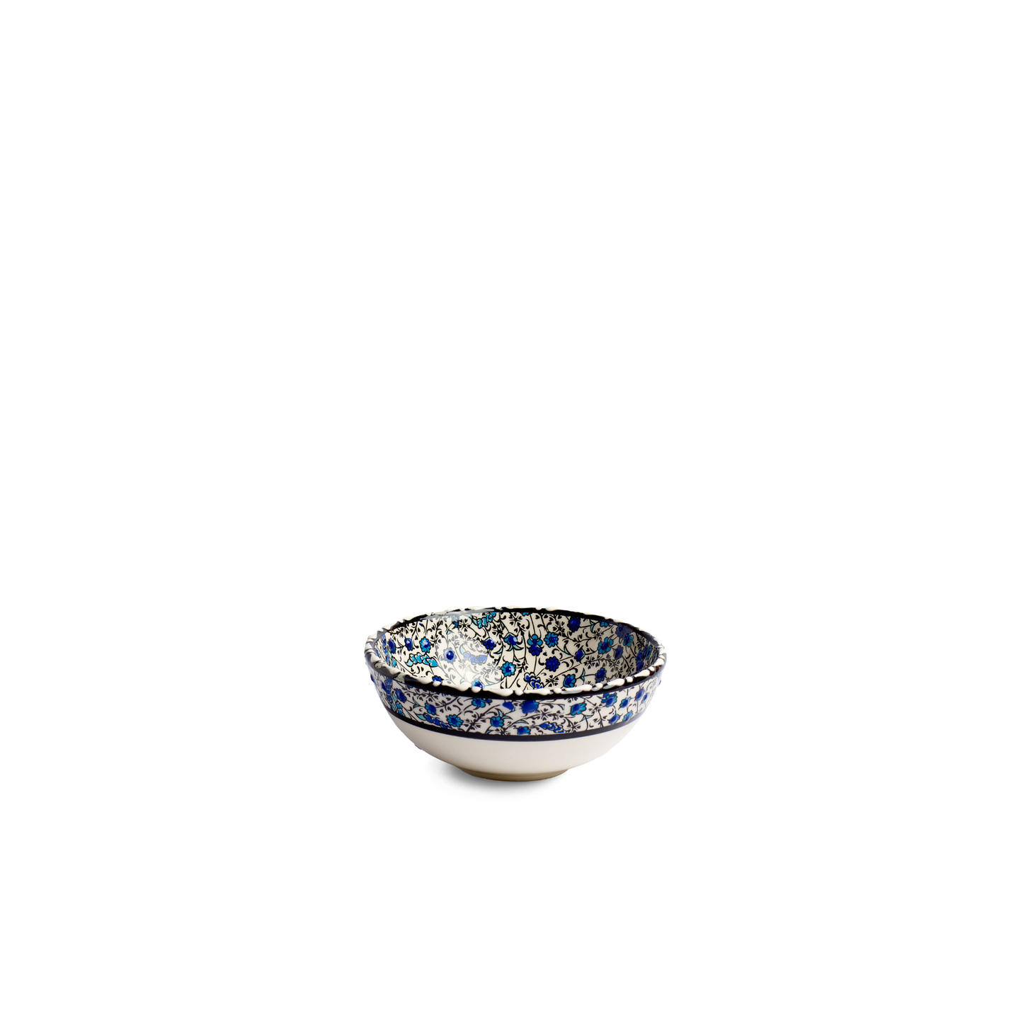 Seitenansicht der handbemalten Keramikschale Tezhip Weiß Blau, 10 cm