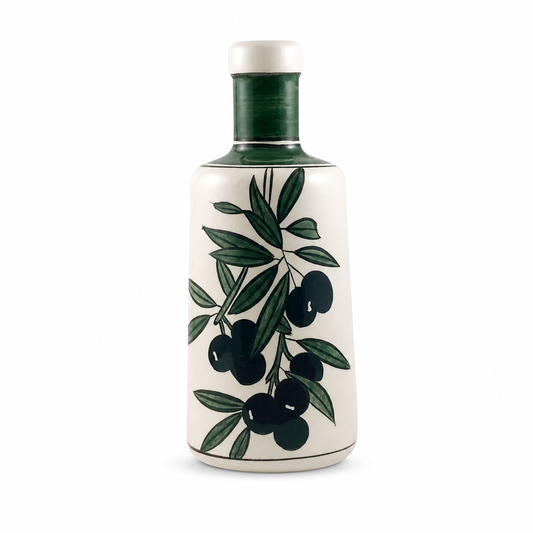 Keramikflasche Olive aus handbemalter Keramik in Grün mit Olivenzweig-Motiv, 750 ml