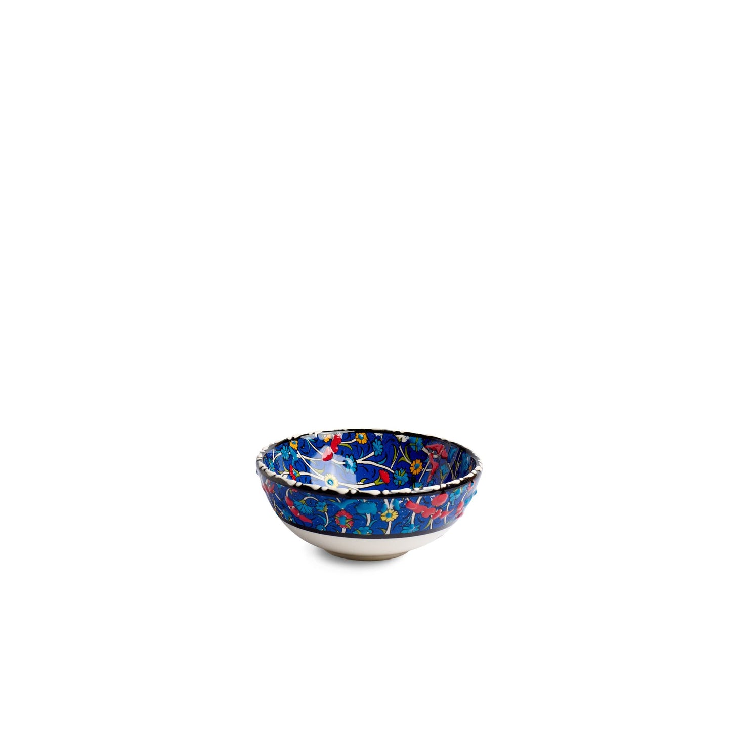 Seitenansicht der handbemalten Keramikschale Tezhip Dunkelblau+buntbemalt, 10 cm
