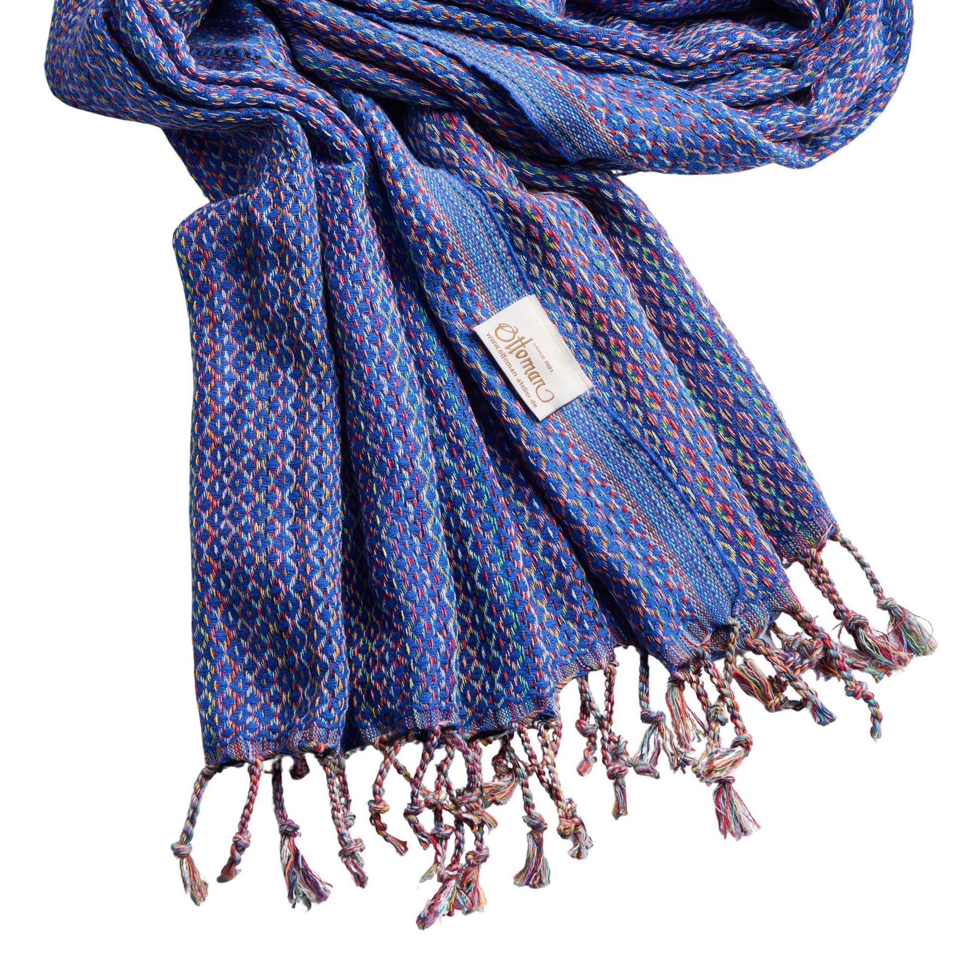 Hamamtuch Ala aus 100 % Baumwolle, 175 × 100 cm, in Blau, ausgebreitet dargestellt