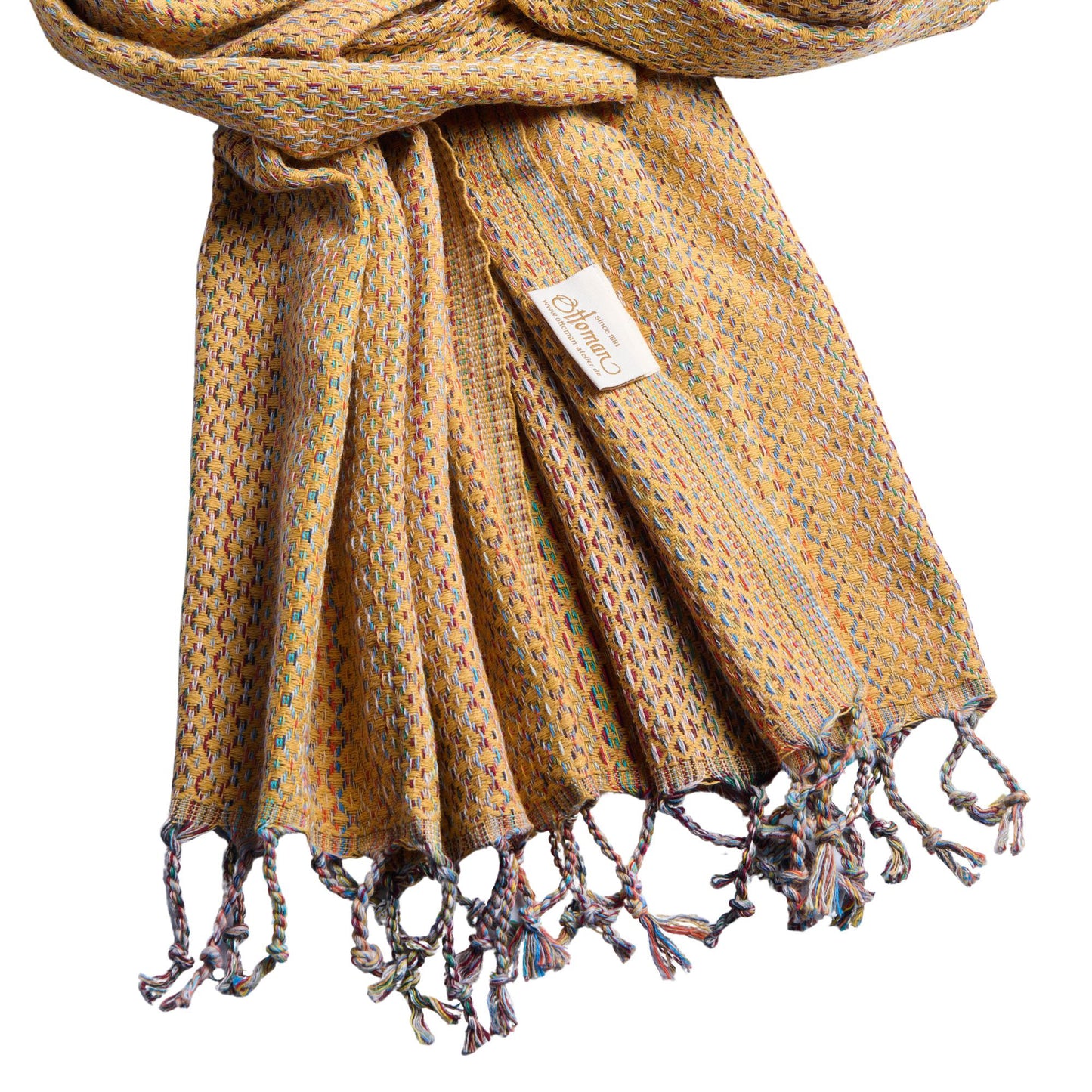 Hamamtuch Ala aus 100 % Baumwolle, 175 × 100 cm, in Gelb, ausgebreitet dargestellt