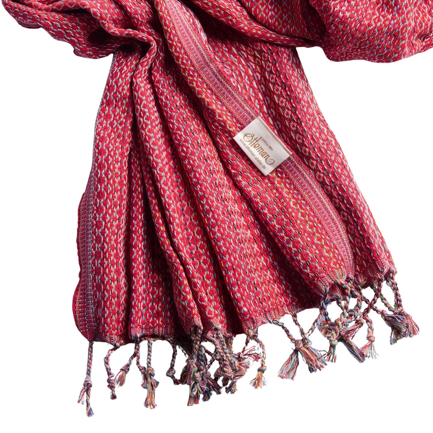 Hamamtuch Ala aus 100 % Baumwolle, 175 × 100 cm, in Rot, ausgebreitet dargestellt