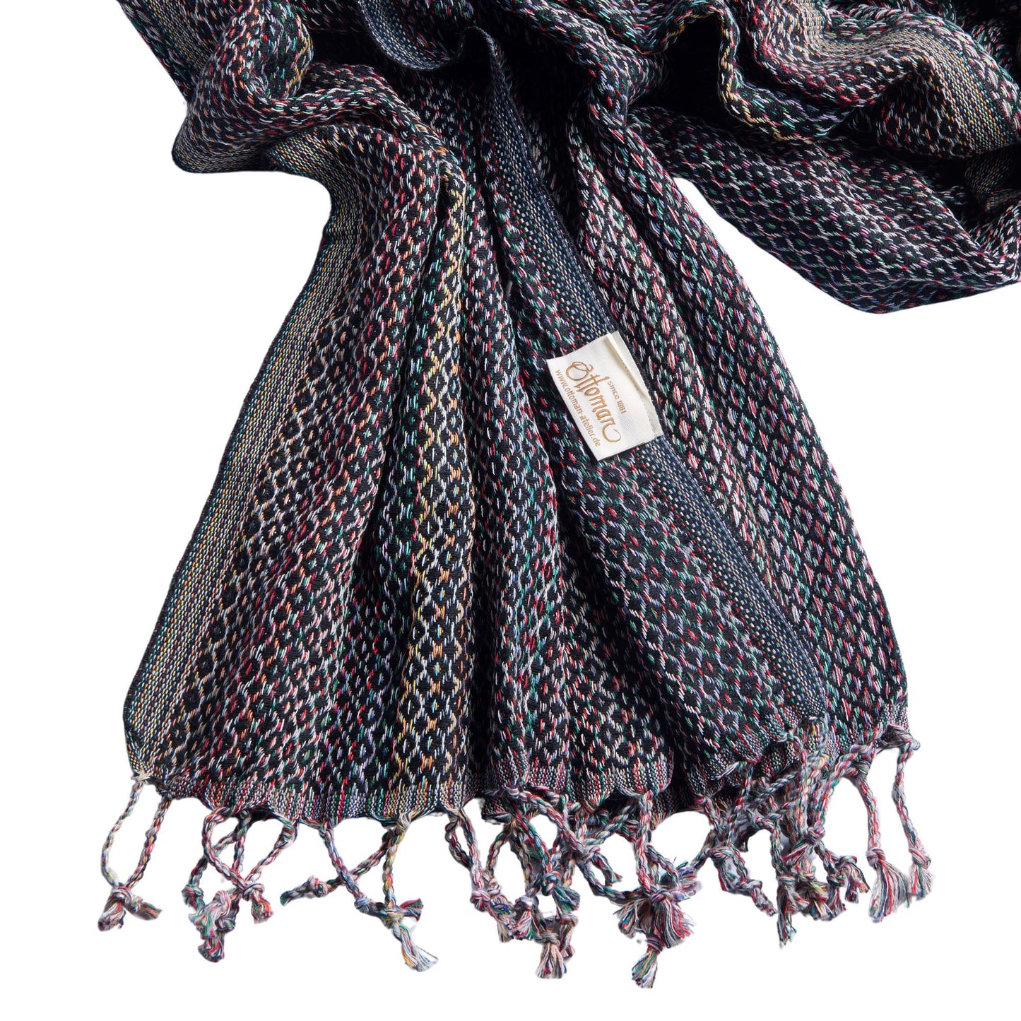 Hamamtuch Ala aus 100 % Baumwolle, 175 × 100 cm, in Schwarz, ausgebreitet dargestellt