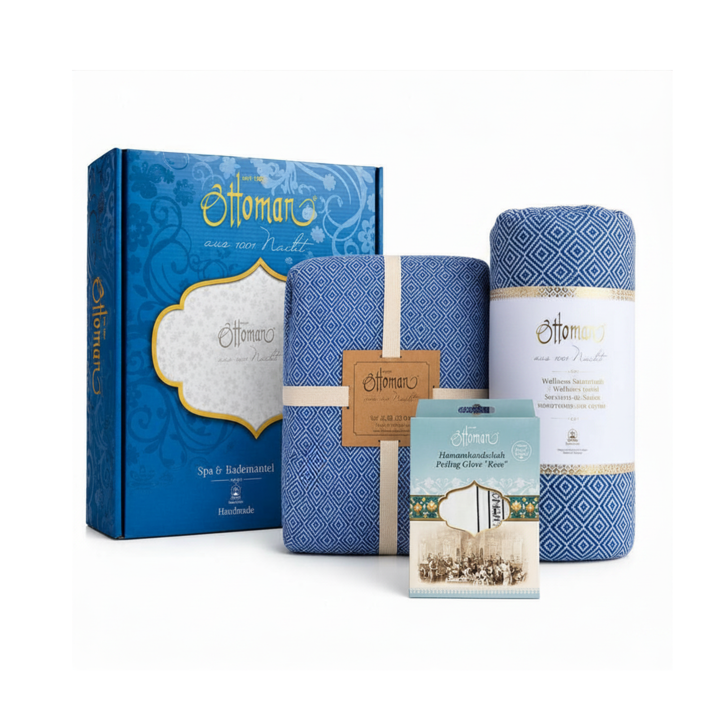 Bademantel-Hamamtuch Geschenkset in Blau mit Bademantel, Pestemal, Peelinghandschuh und Geschenkbox