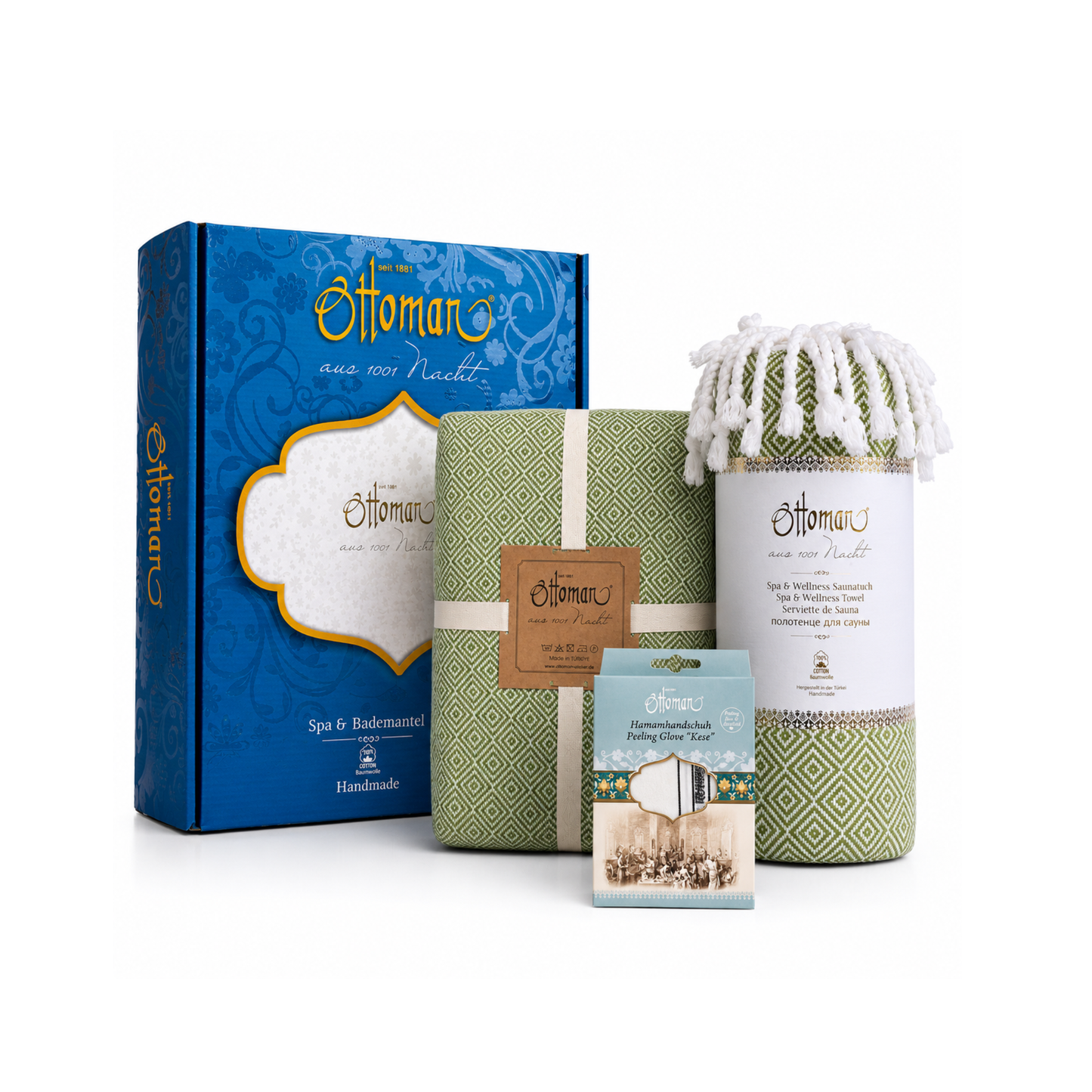 Bademantel-Hamamtuch Geschenkset in Olivgrün mit Bademantel, Pestemal, Peelinghandschuh und Geschenkbox