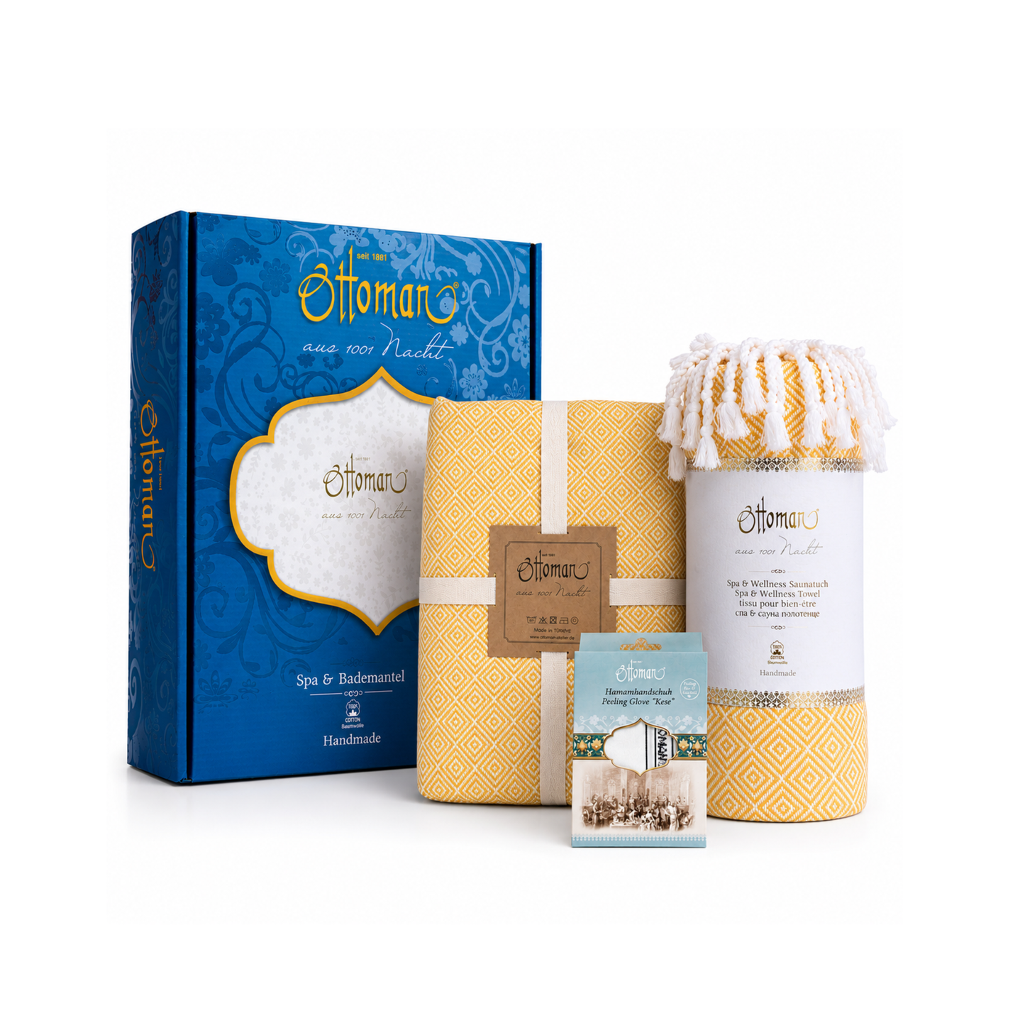 Bademantel-Hamamtuch Geschenkset in Antikgelb mit Bademantel, Pestemal, Peelinghandschuh und Geschenkbox
