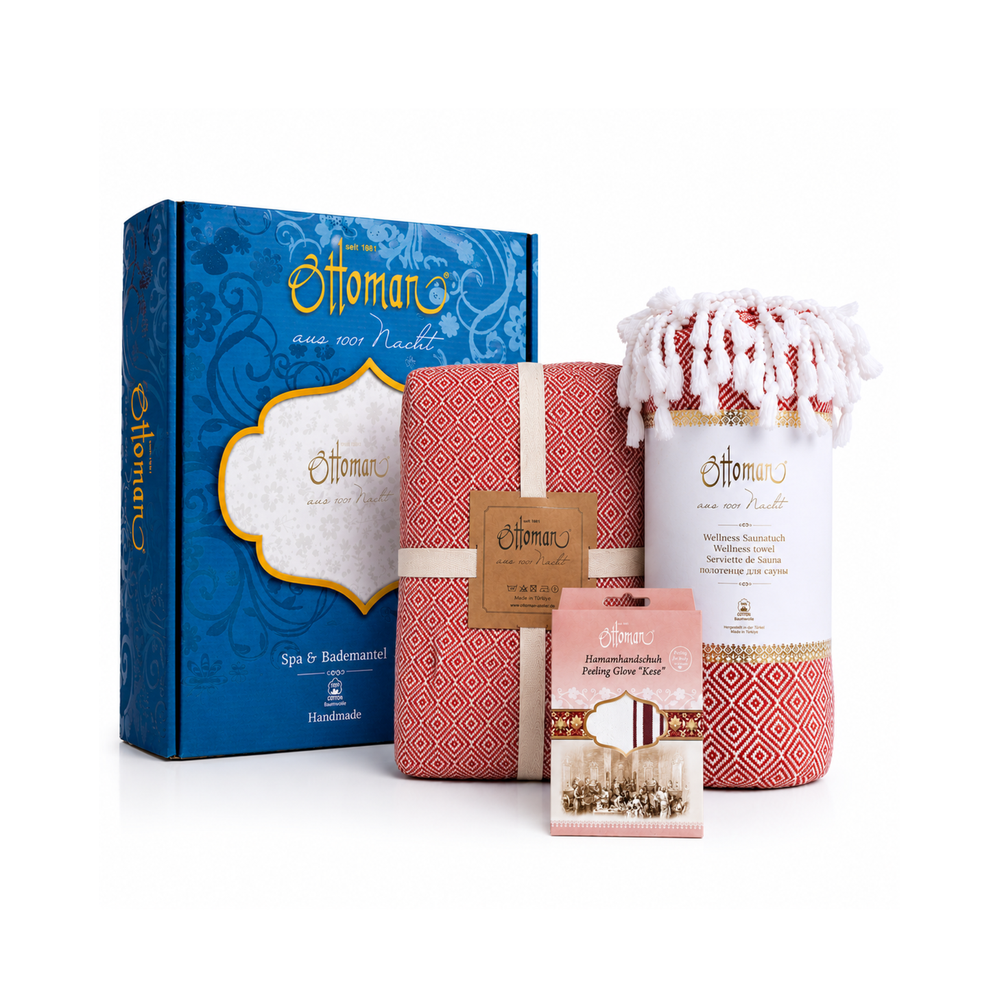 Bademantel-Hamamtuch Geschenkset in Terracotta mit Bademantel, Pestemal, Peelinghandschuh und Geschenkbox