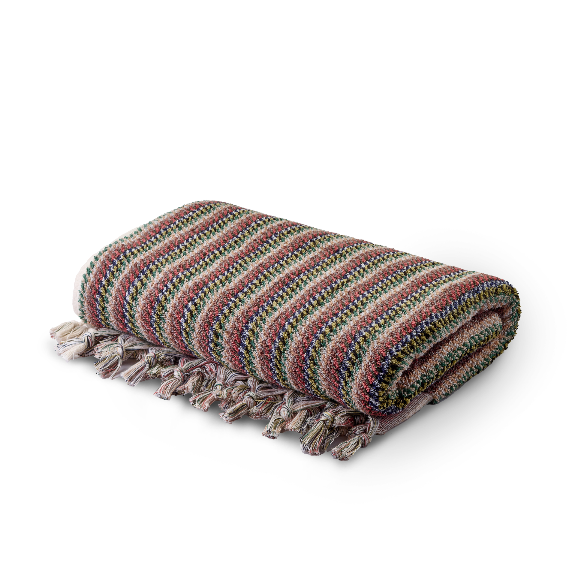 Badetuch Basak aus 100 % Baumwolle in Grün und Bordeaux mit feinem Streifenmuster, 180 × 100 cm