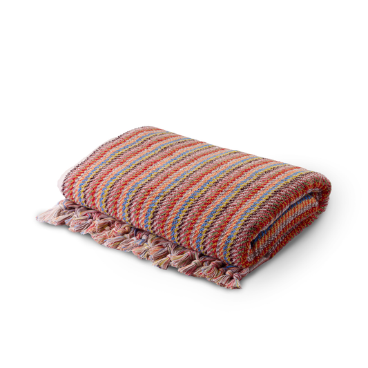 Badetuch Sonbahar aus 100 % Baumwolle in Orange, Rosa, Rot und Blau mit mehrfarbigem Streifenmuster, 180 × 100 cm