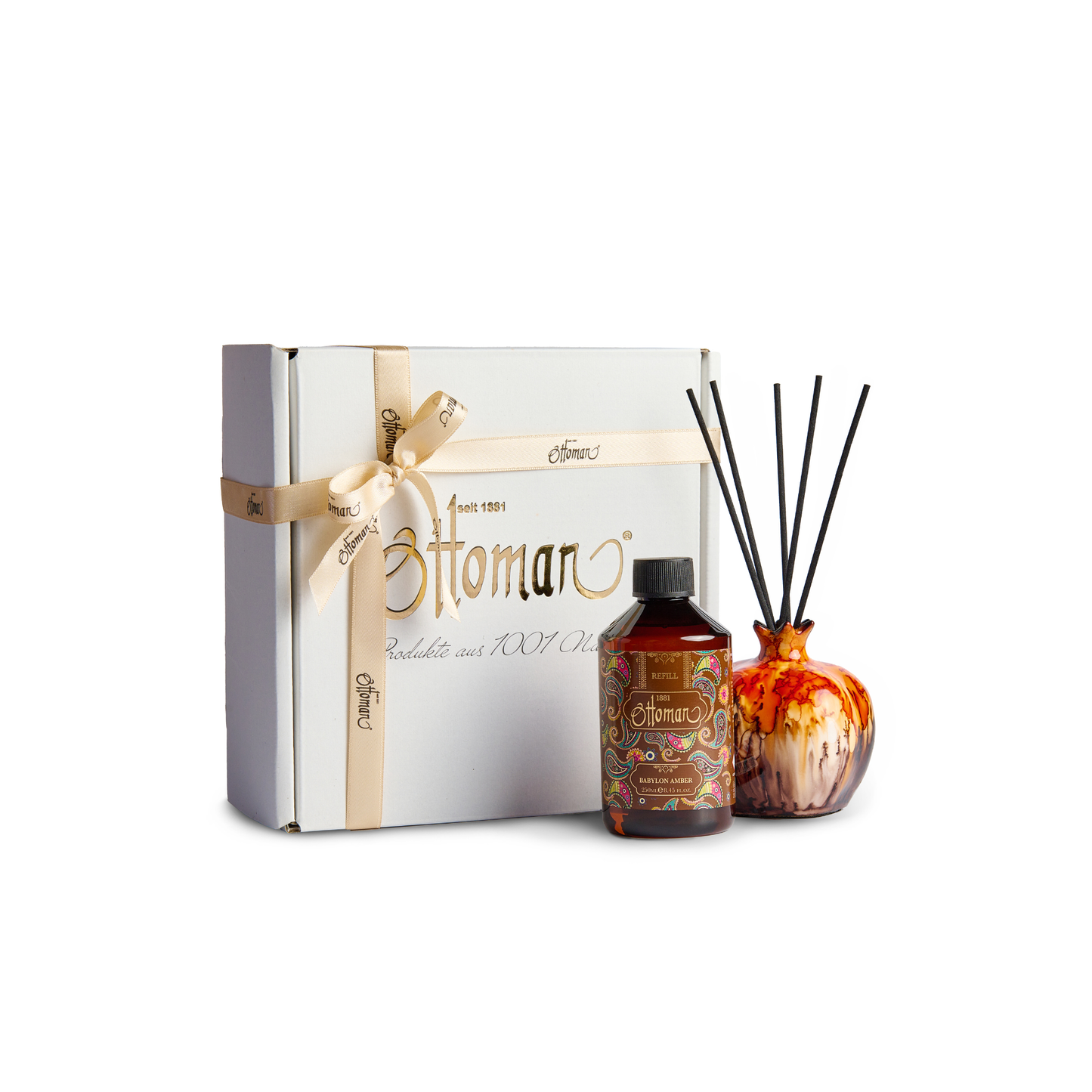 Duftset Babylon Amber mit Raumduft-Diffuser BraunRot Größe S, 250 ml Refill und Geschenkbox