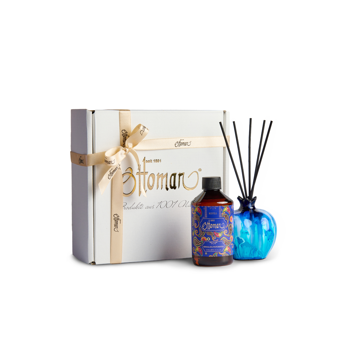Duftset Himilaya Patchouli mit Raumduft-Diffuser Himmelblau Größe S, 250 ml Refill und Geschenkbox