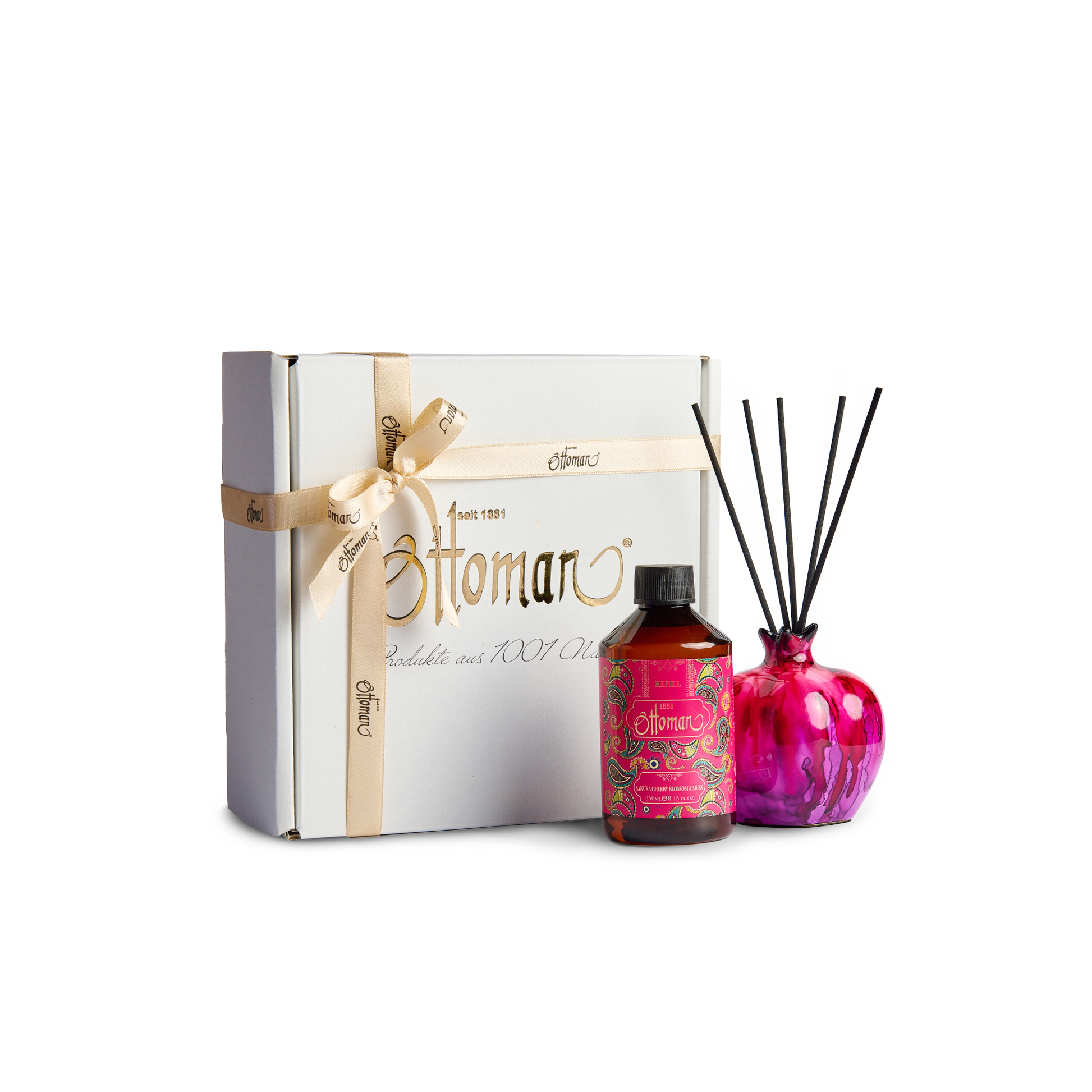 Duftset Sakura Cherry Blossom & Musk mit Raumduft-Diffuser Grün Größe S, 250 ml Refill und Geschenkbox