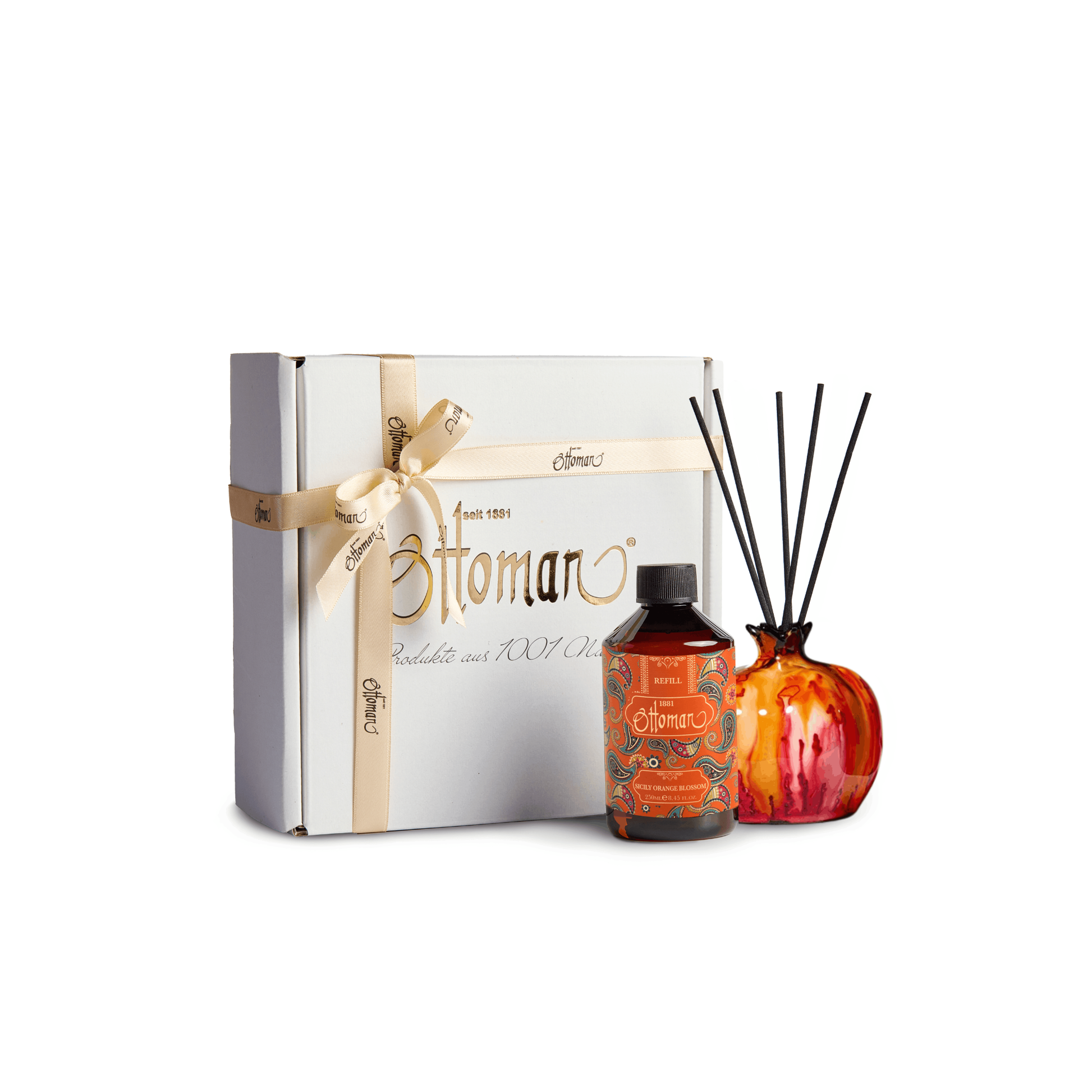 Duftset Sicily Orange Blossom mit Raumduft-Diffuser RotOrange Größe S, 250 ml Refill und Geschenkbox