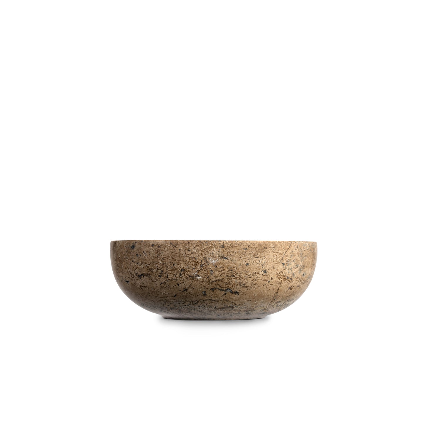 Travertinschale Mala in Noce aus 100 % Travertin in Seitenansicht, Höhe 5 cm, Breite 15 cm, Tiefe 5 cm