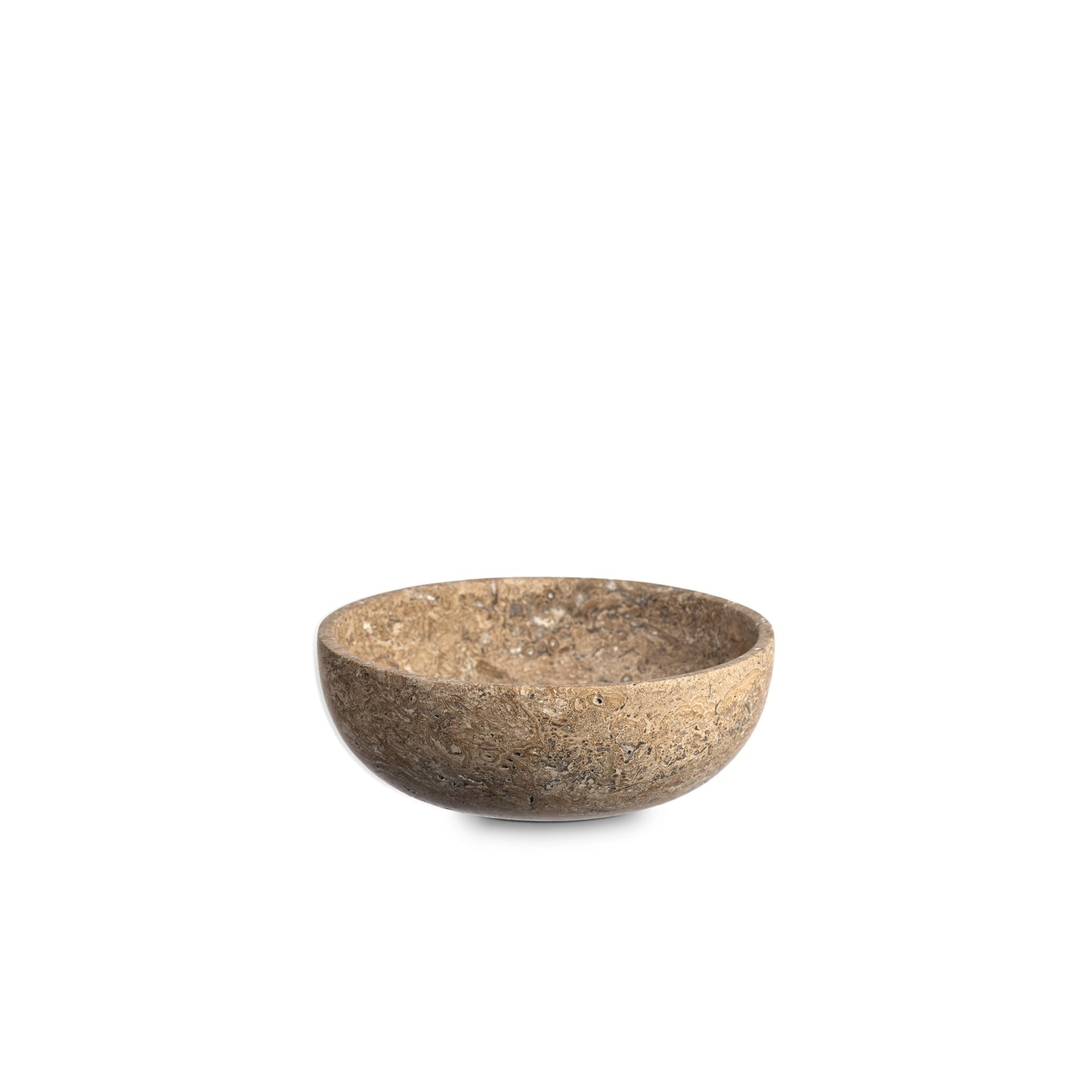 Travertinschale Mala in Noce aus 100 % Travertin in Schrägansicht, Höhe 5 cm, Breite 15 cm, Tiefe 5 cm