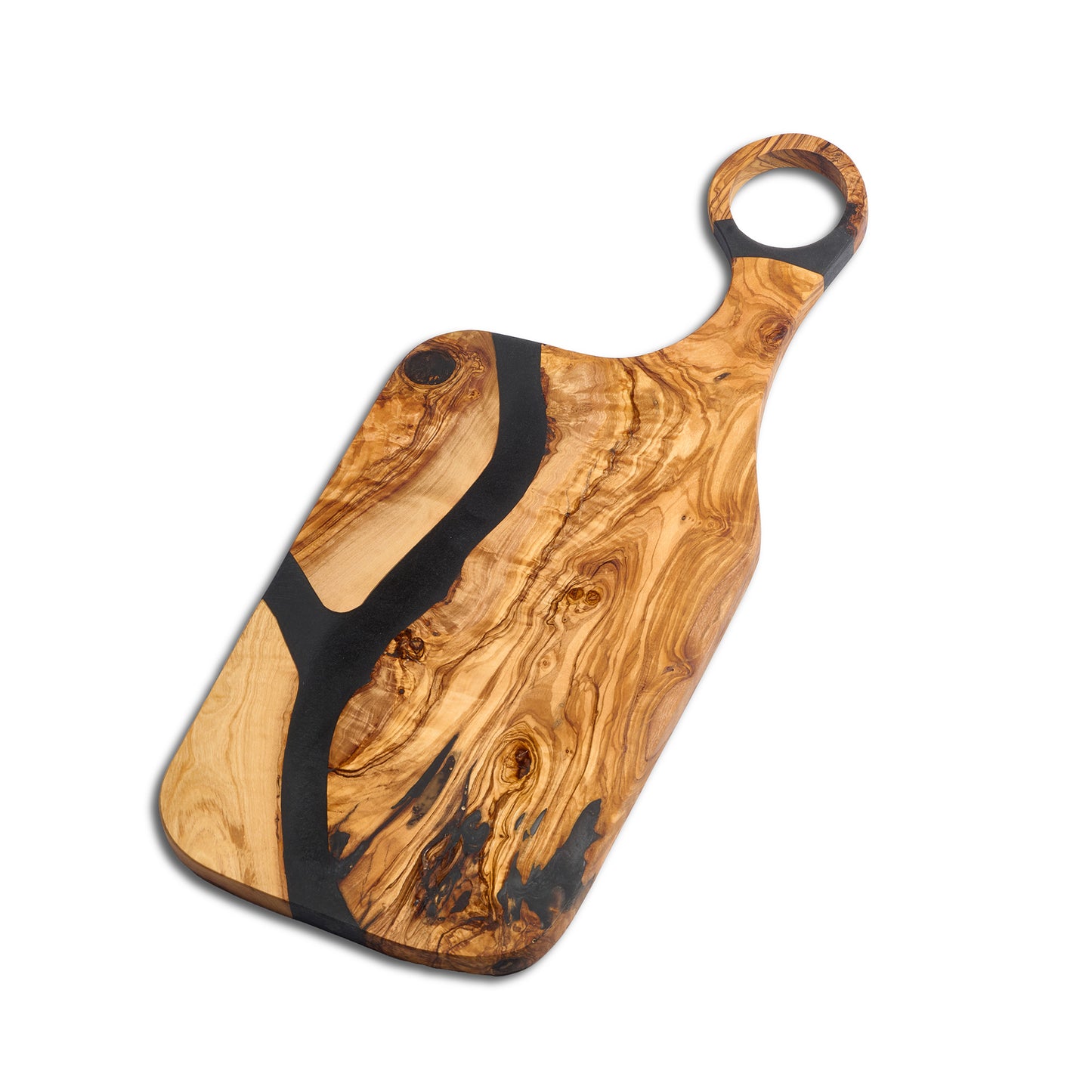 Olivenholzbrett mit schwarzem Epoxidharz und Lochgriff, ca. 50 × 22 cm