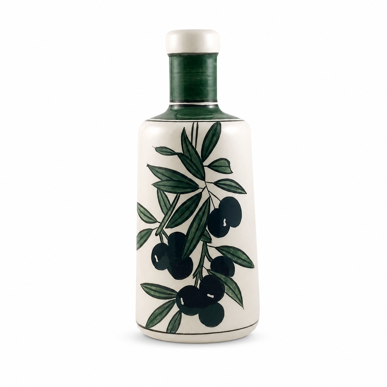     Keramikflasche Olive aus handbemalter Keramik in Grün mit Olivenzweig-Motiv, 750 ml