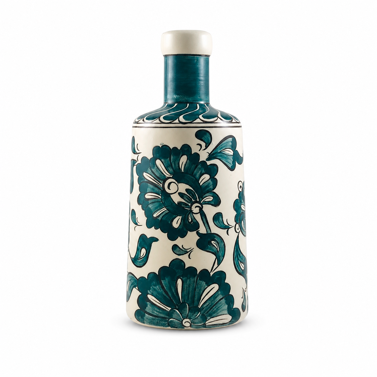     Keramikflasche Iznik aus handbemalter Keramik in Türkis mit großem floralem Blütenmuster, 750 ml