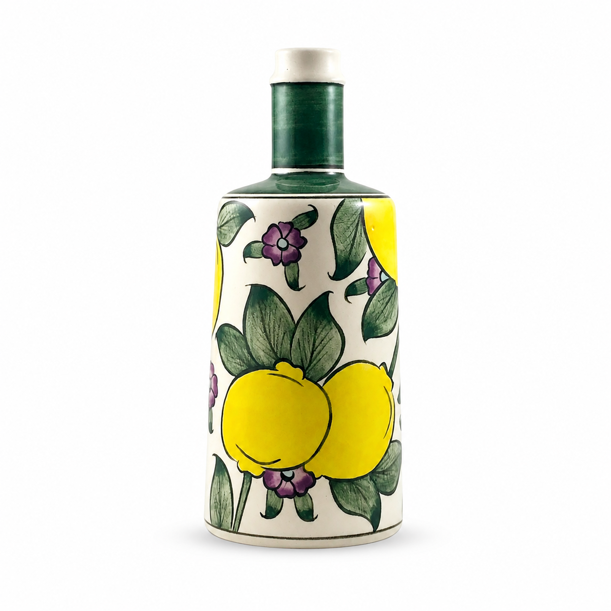 Keramikflasche Mediterran aus handbemalter Keramik in Gelb mit Zitronen- und Blättermotiv, 750 ml