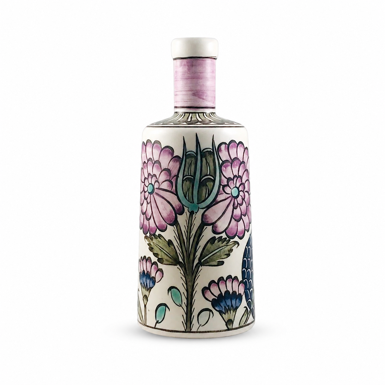 Keramikflasche aus handbemalter Keramik in Rosa mit Gefüllter Rosamohn-Blütenmotiv, 750 ml