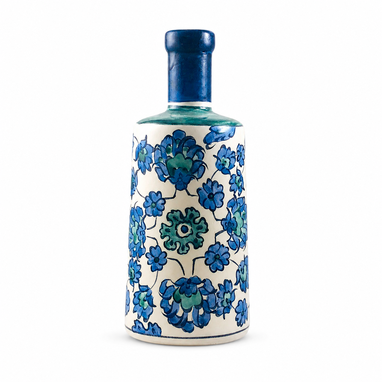Keramikflasche Louvre aus handbemalter Keramik in Hellblau mit feinem Blütenmuster, 750 ml