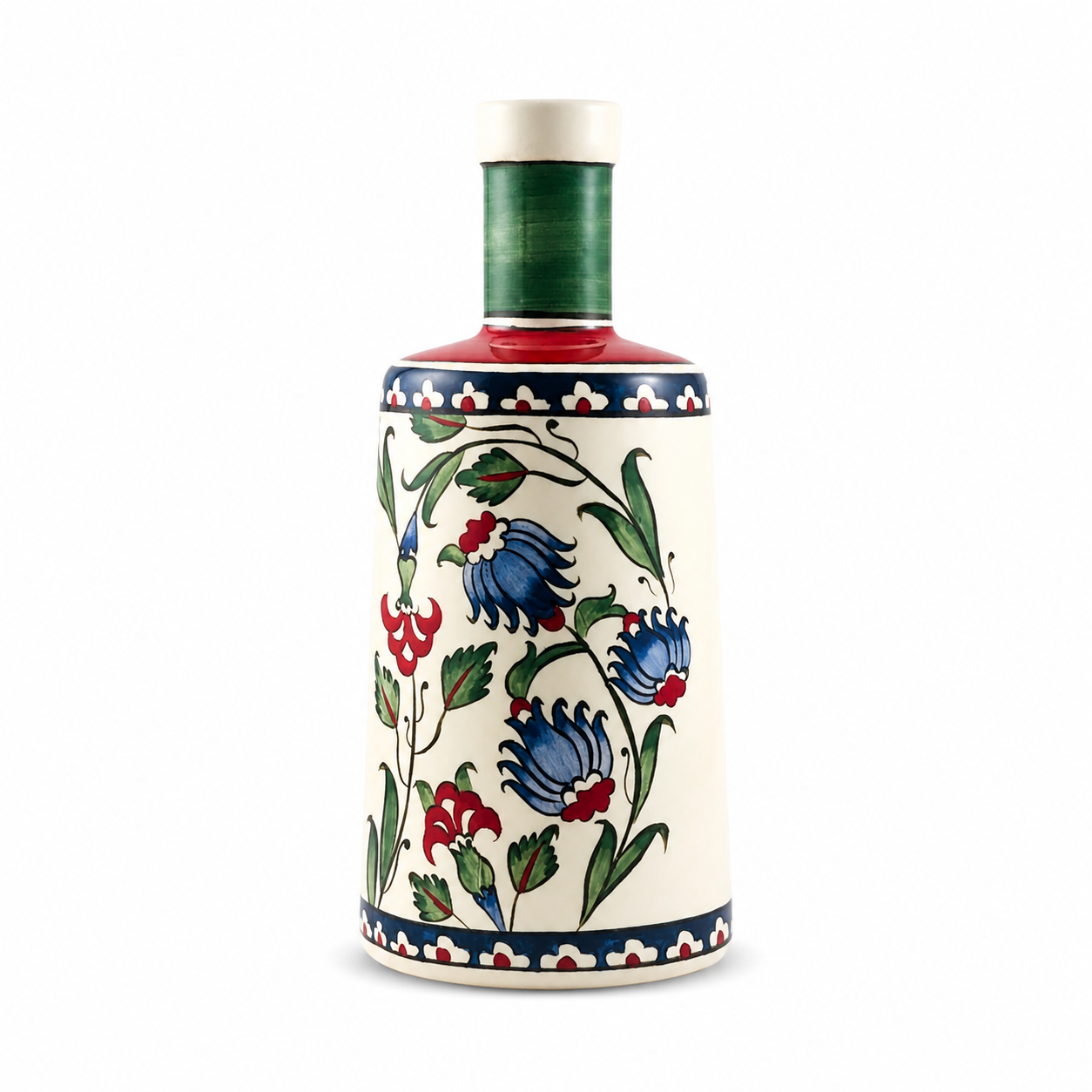 Keramikflasche Pers aus handbemalter Keramik in Grün und Rot mit traditionellem floralen Ornamenten, 750 ml
