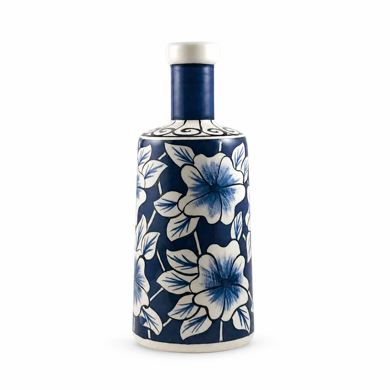 Keramikflasche Turkuaz aus handbemalter Keramik in Dunkelblau mit großem Blumenmuster, 750 ml