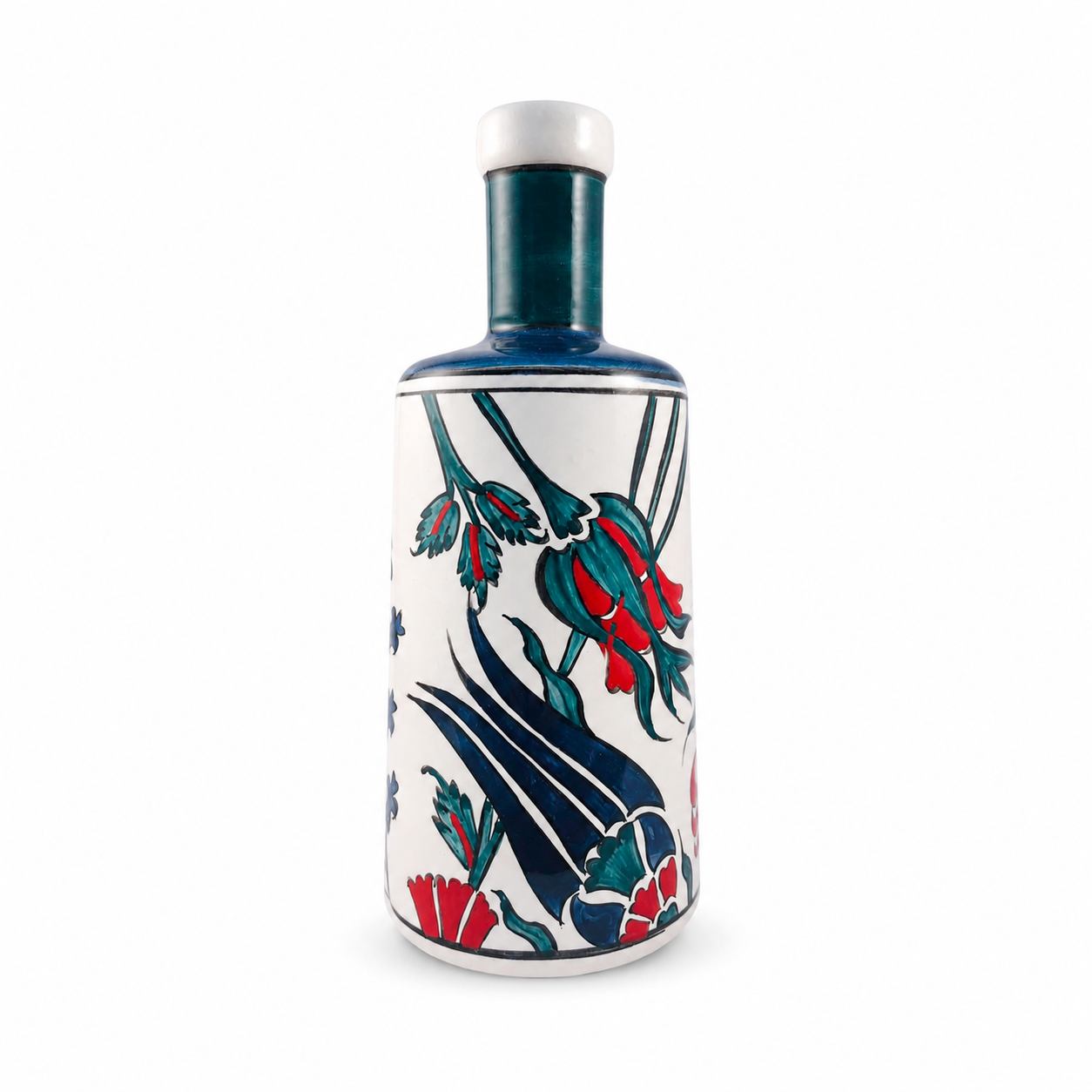 Keramikflasche Lale aus handbemalter Keramik in Petrol mit Tulpen-/Blättermotiv, 750 ml