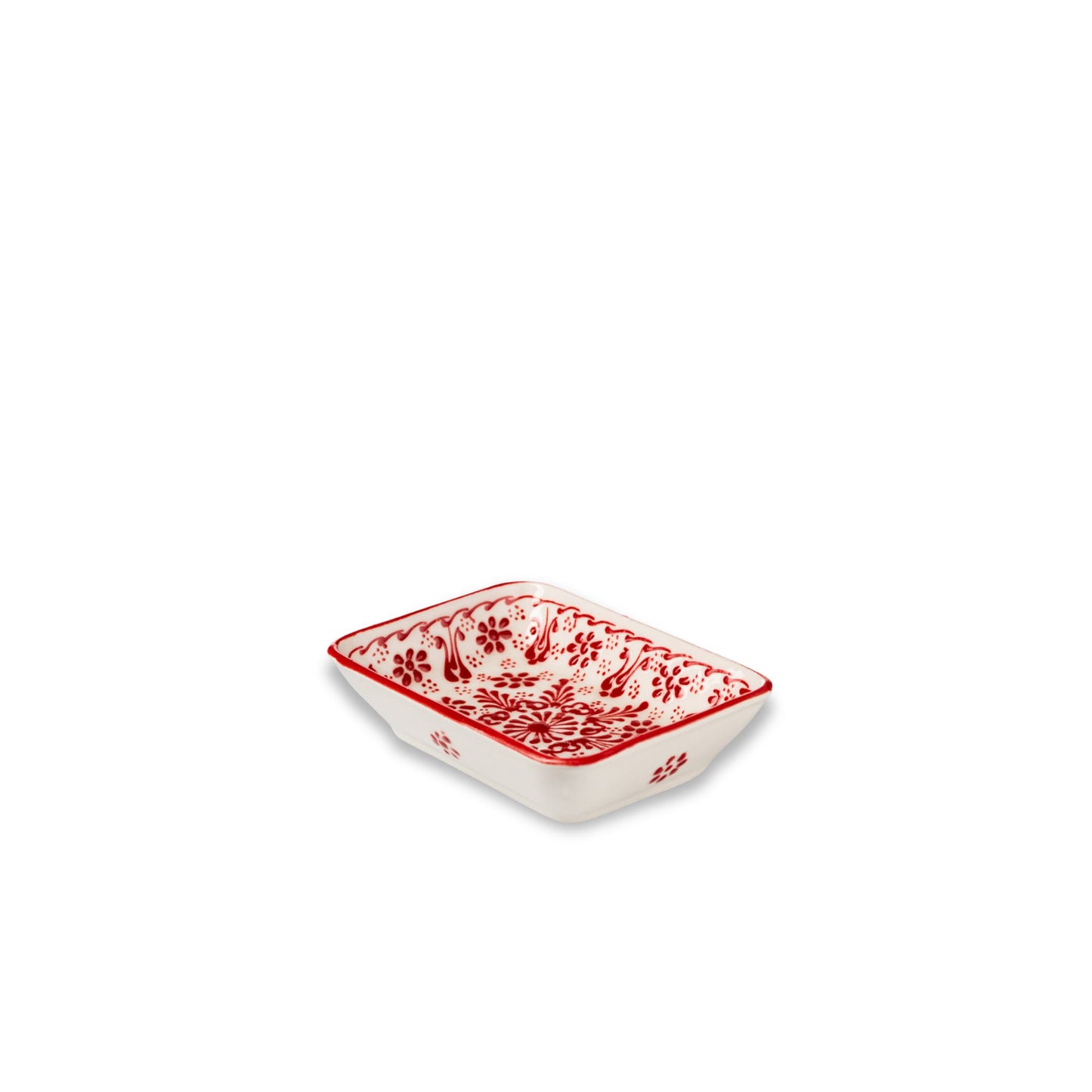 Handbemalte Keramik-Seifenschale in Rot aus 100 % Keramik in Schrägansicht, Breite 9 cm, Höhe 13 cm