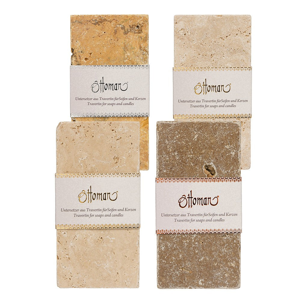 4er-Set längliche Travertin-Ablagen aus 100 % Travertin in den Farben Gold, Light, Antik und Noce, 7,5 × 15 cm