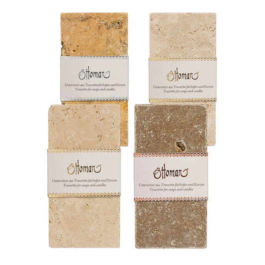 4er-Set längliche Travertin-Ablagen aus 100 % Travertin in den Farben Gold, Light, Antik und Noce, 7,5 × 15 cm