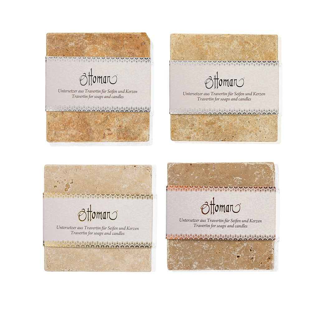 4er-Set quadratisch Travertin-Ablagen aus 100 % Travertin in den Farben Gold, Light, Antik und Noce, 10x10 cm