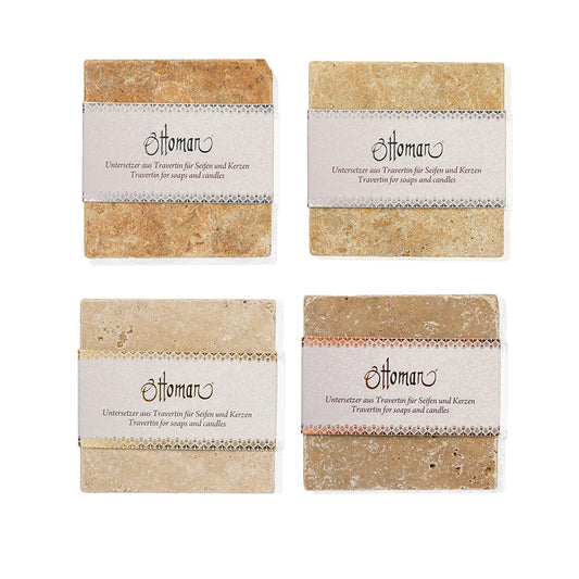 4er-Set quadratisch Travertin-Ablagen aus 100 % Travertin in den Farben Gold, Light, Antik und Noce, 10x10 cm