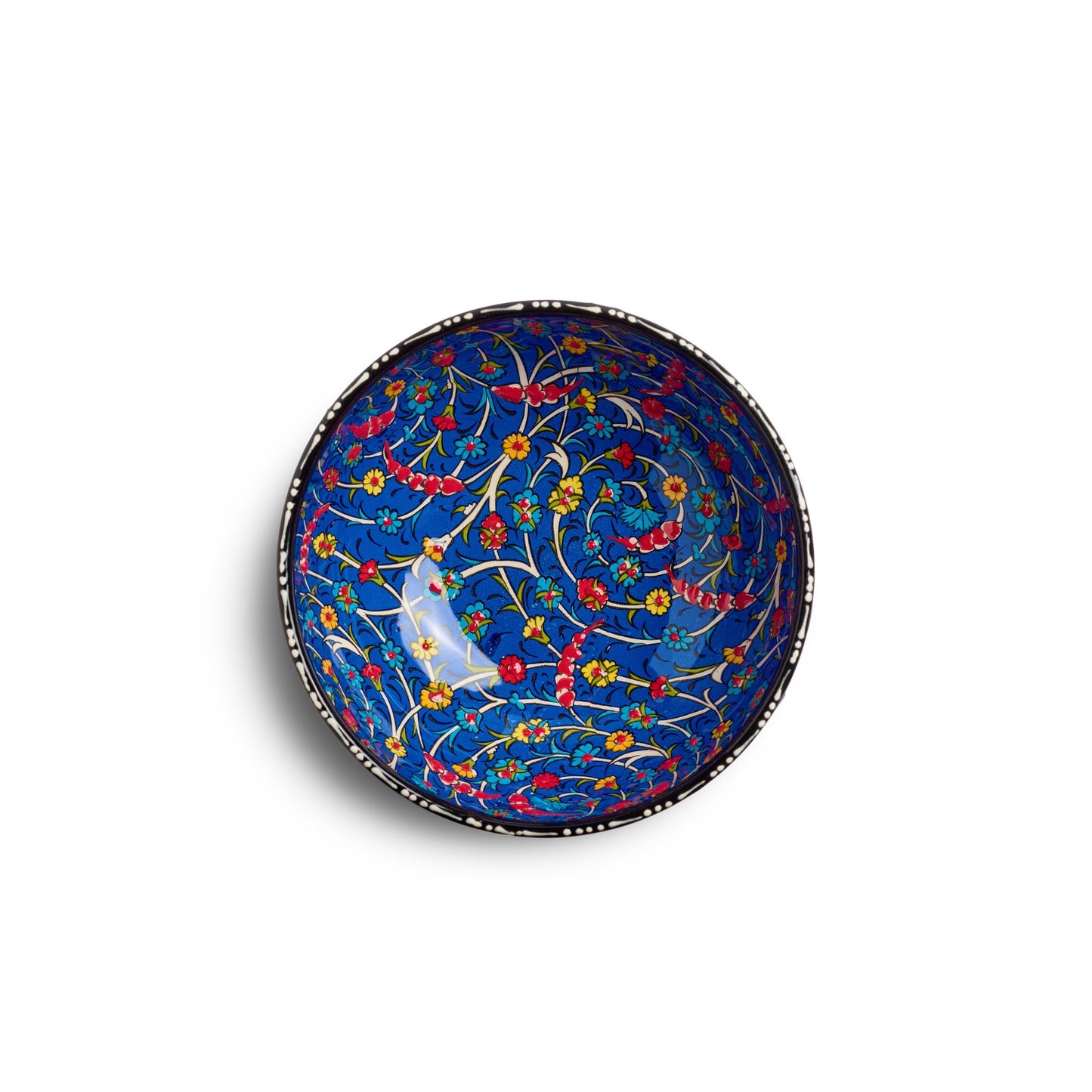 Oberansicht der handbemalten Keramikschale Tezhip Dunkelblau+buntbemalt, 15 cm