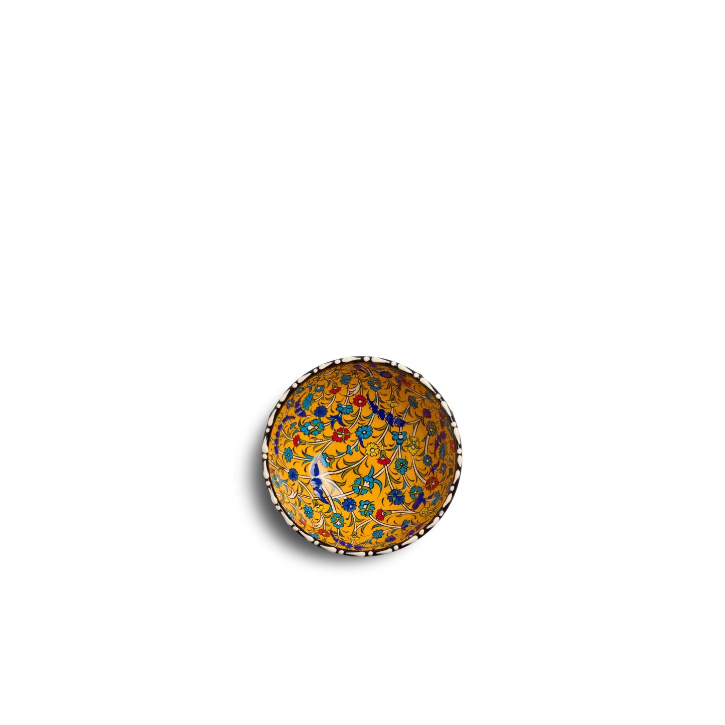 Draufsicht der handbemalten Keramikschale Tezhip Gelb, 10 cm