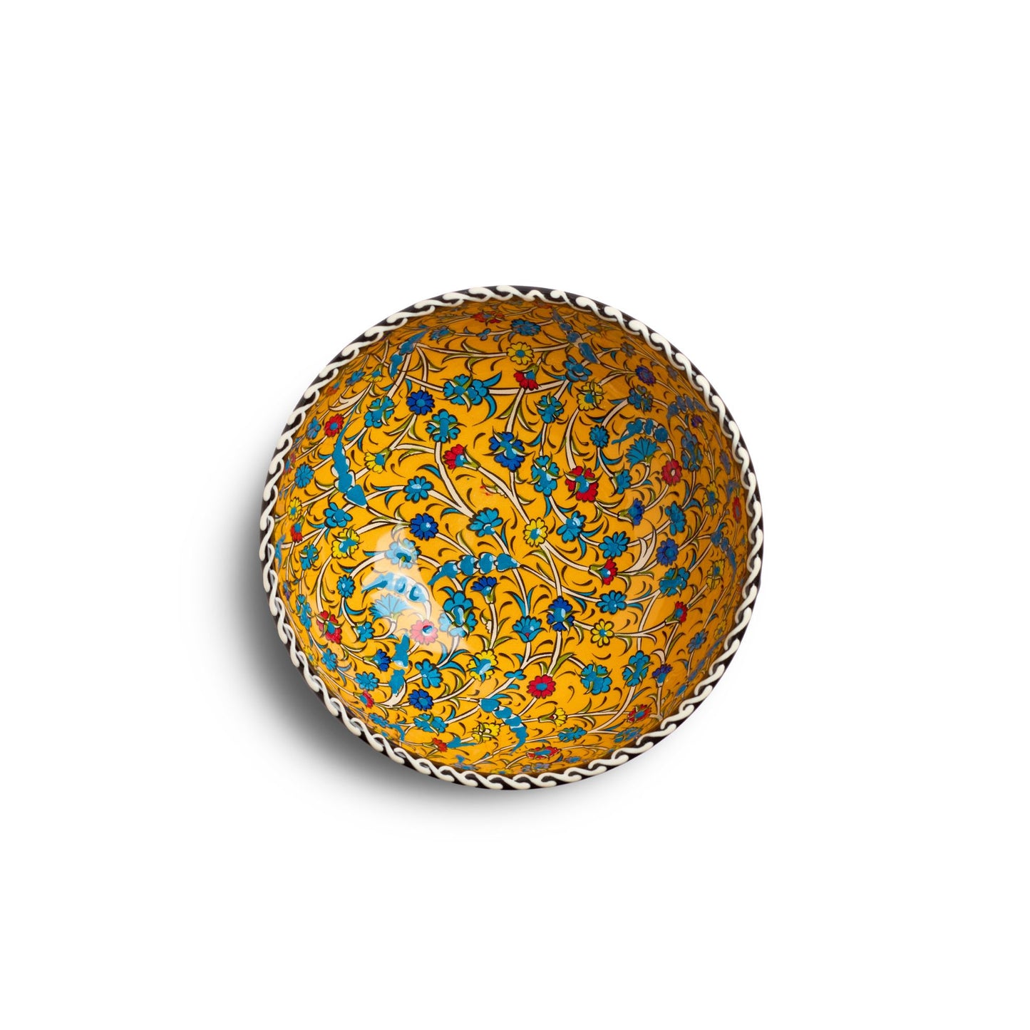 Draufsicht der handbemalten Keramikschale Tezhip Gelb, 15 cm