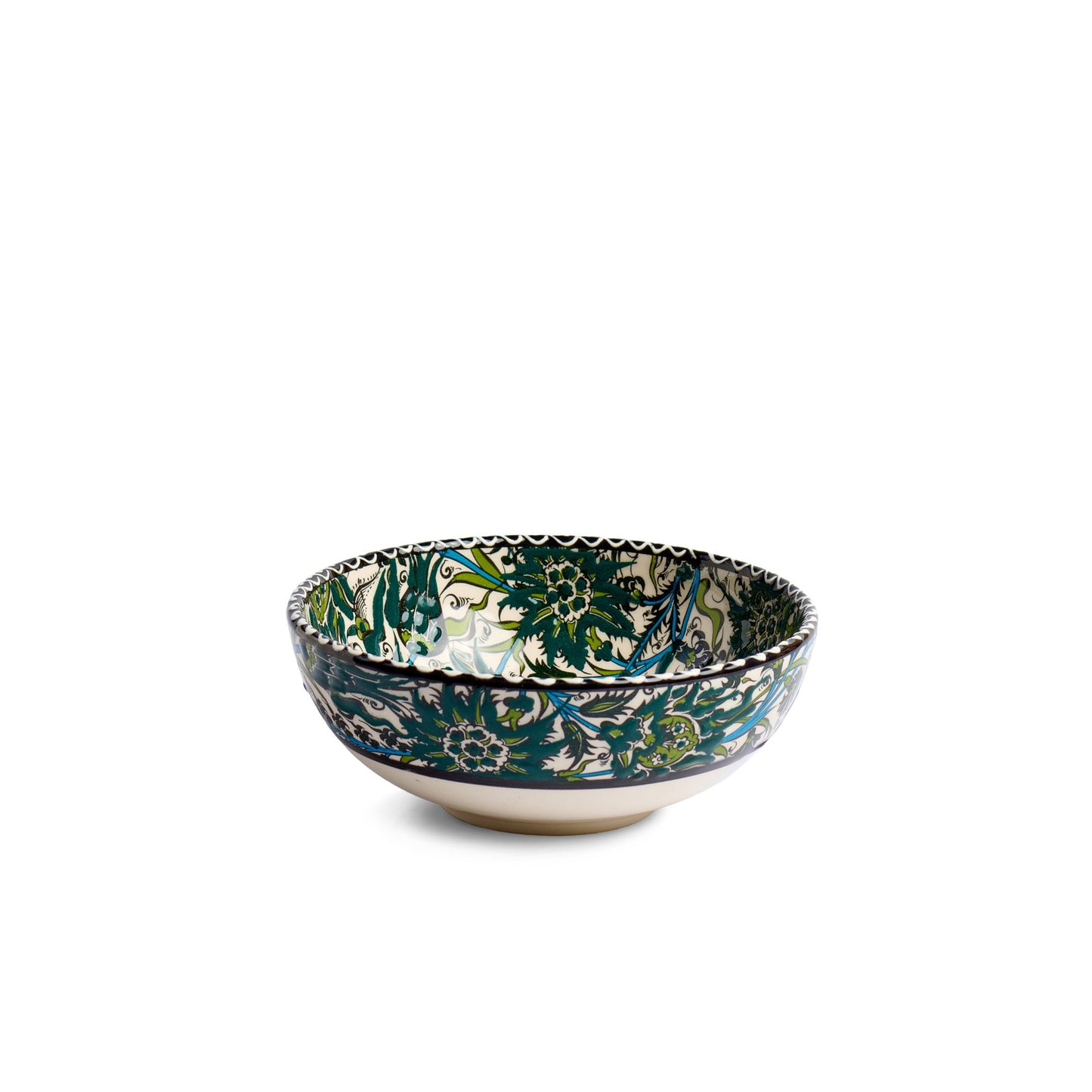 Seitenansicht der handbemalten Keramikschale Tezhip Grün, 15 cm