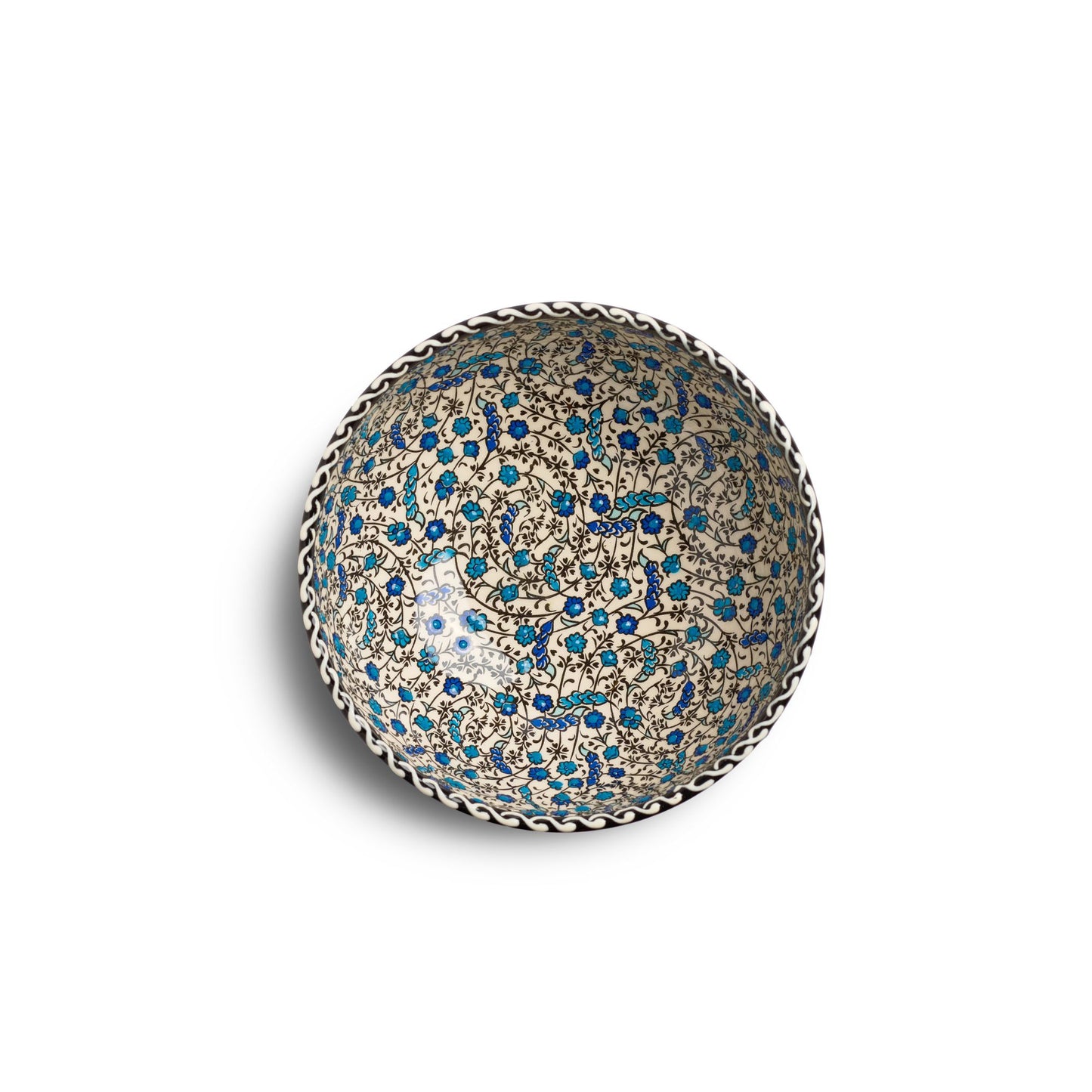 Draufsicht der handbemalten Keramikschale Tezhip Weiß Blau, 15 cm