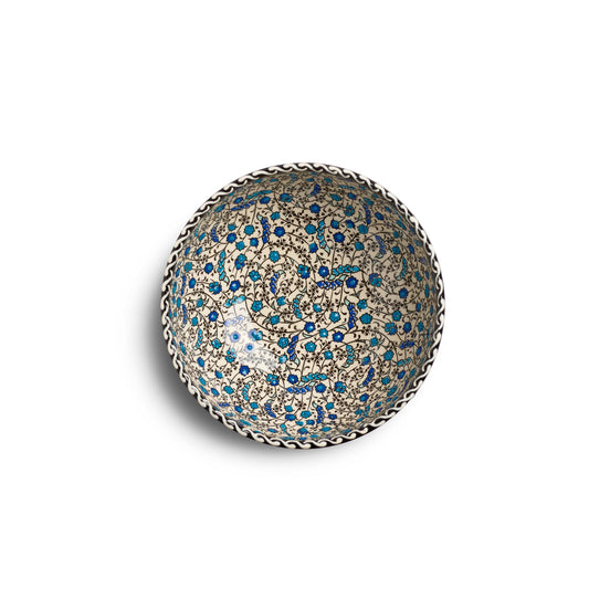 Draufsicht der handbemalten Keramikschale Tezhip Weiß Blau, 15 cm