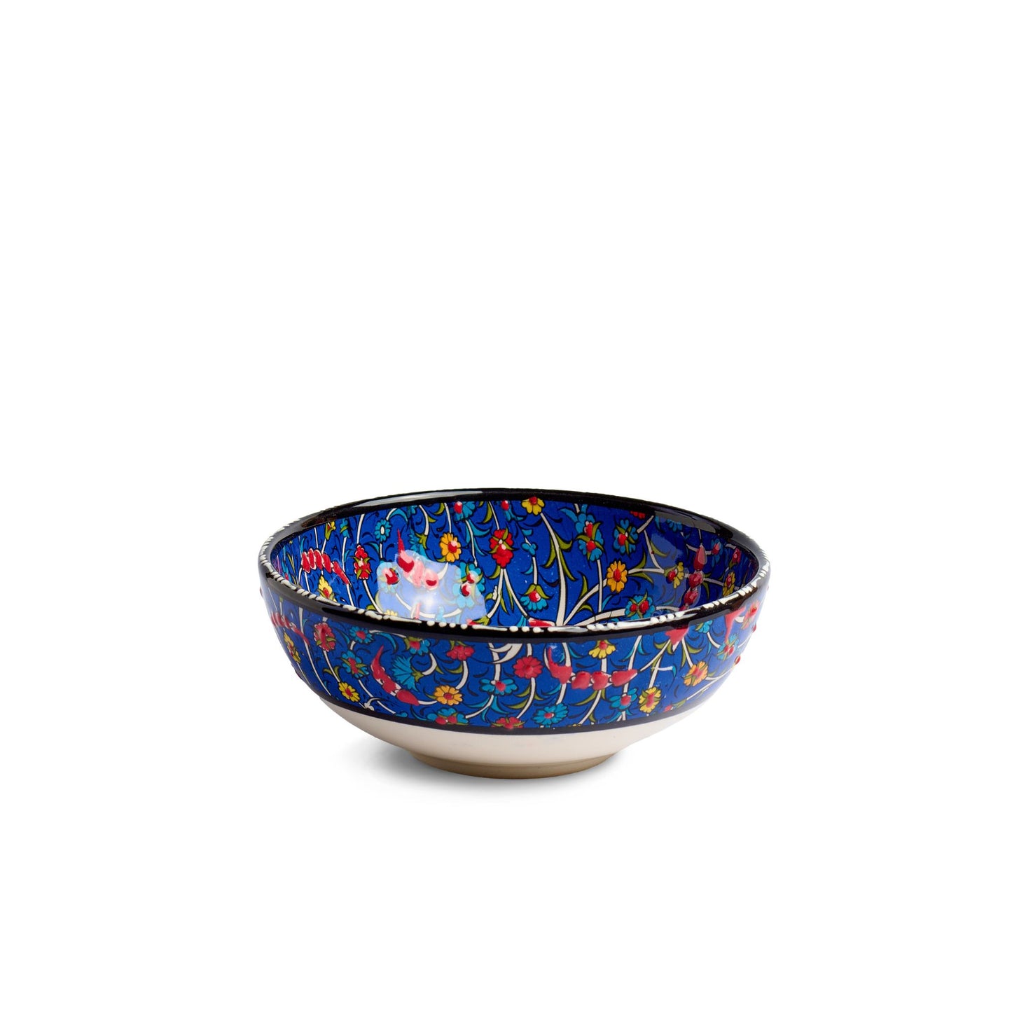 Seitenansicht der handbemalten Keramikschale Tezhip Dunkelblau+buntbemalt, 15 cm