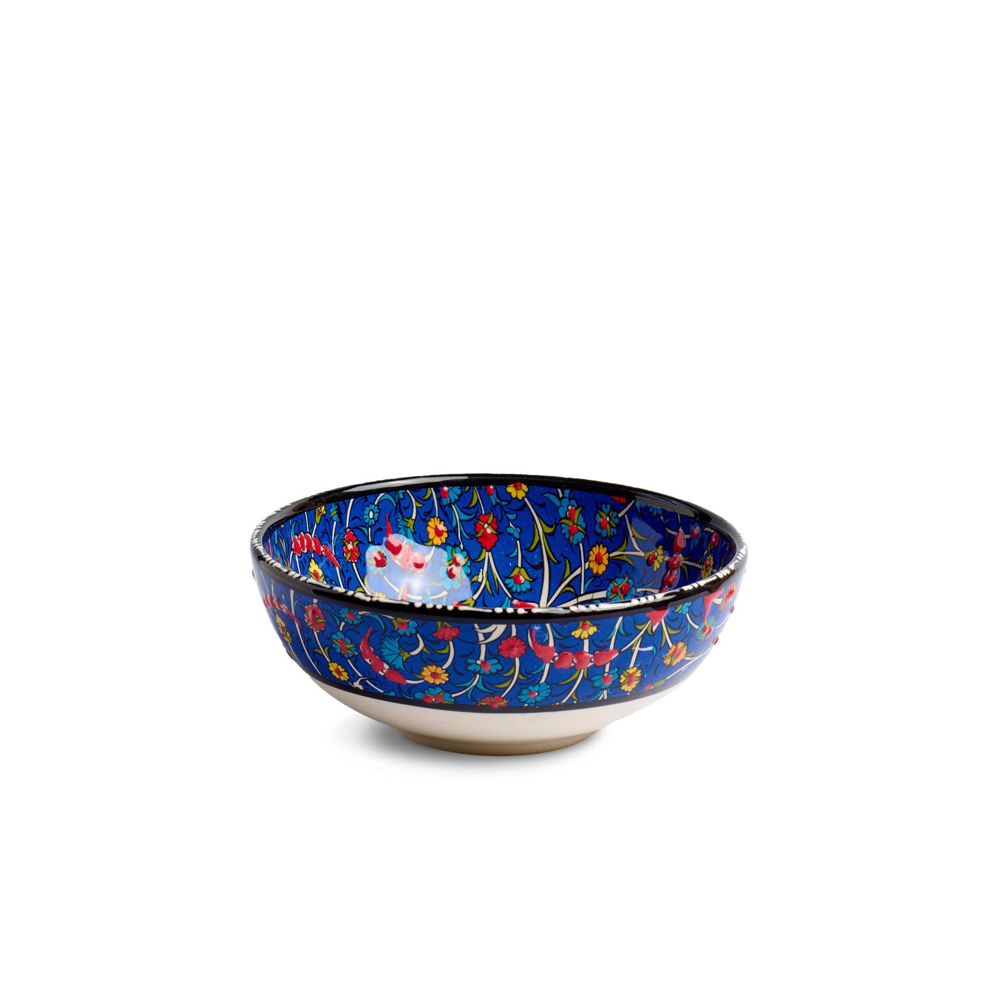 Seitenansicht der handbemalten Keramikschale Tezhip Dunkelblau+buntbemalt, 15 cm