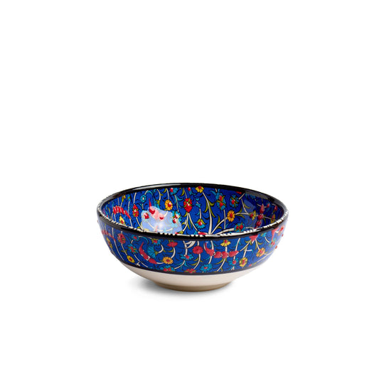 Seitenansicht der handbemalten Keramikschale Tezhip Dunkelblau+buntbemalt, 15 cm