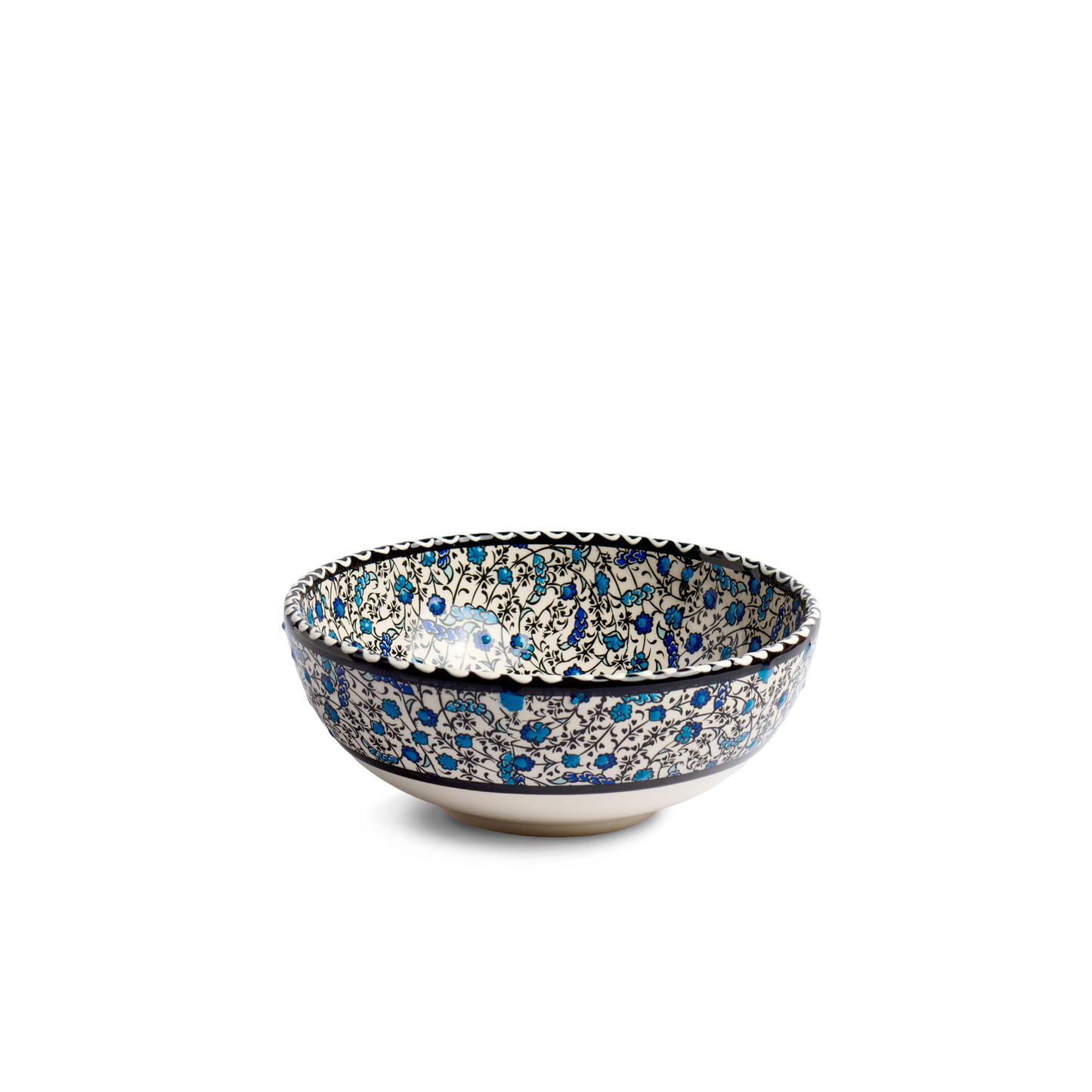 Seitenansicht der handbemalten Keramikschale Tezhip Weiß Blau, 15 cm