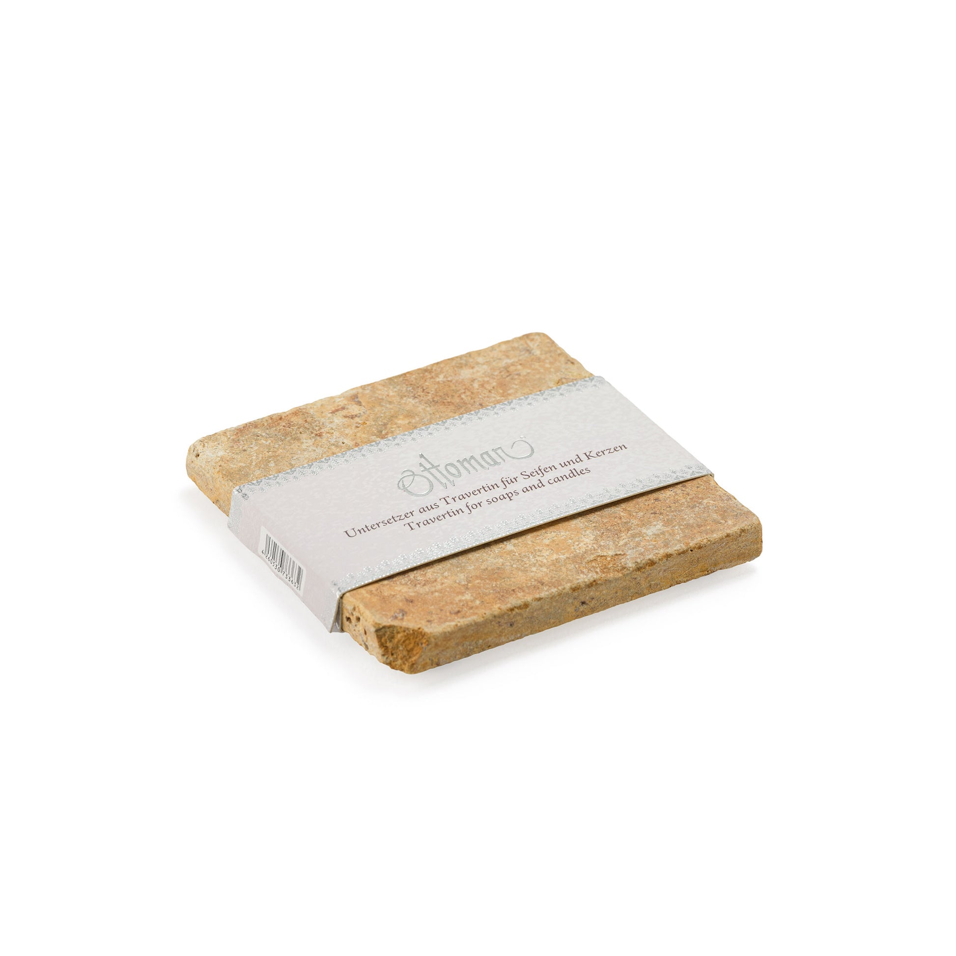 Seitenansicht der quadratischen Travertin-Ablage in Gold aus 100 % Travertin, 10 × 10 cm