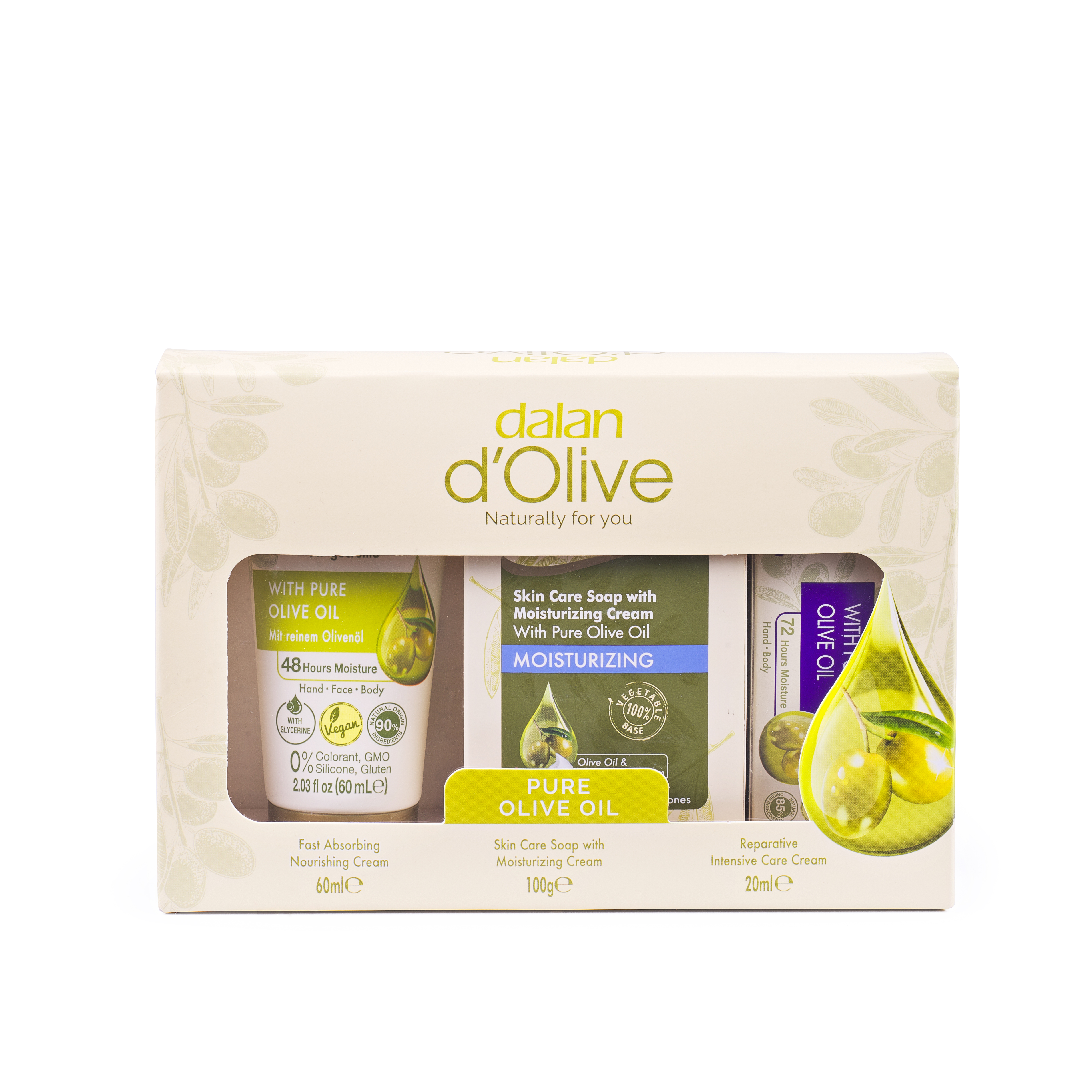 d´Olive 3er Geschenkset im Karton - Hand & Bodycreme 60 ml, Hautreinigungsseife 100 g, Handcreme 20 ml