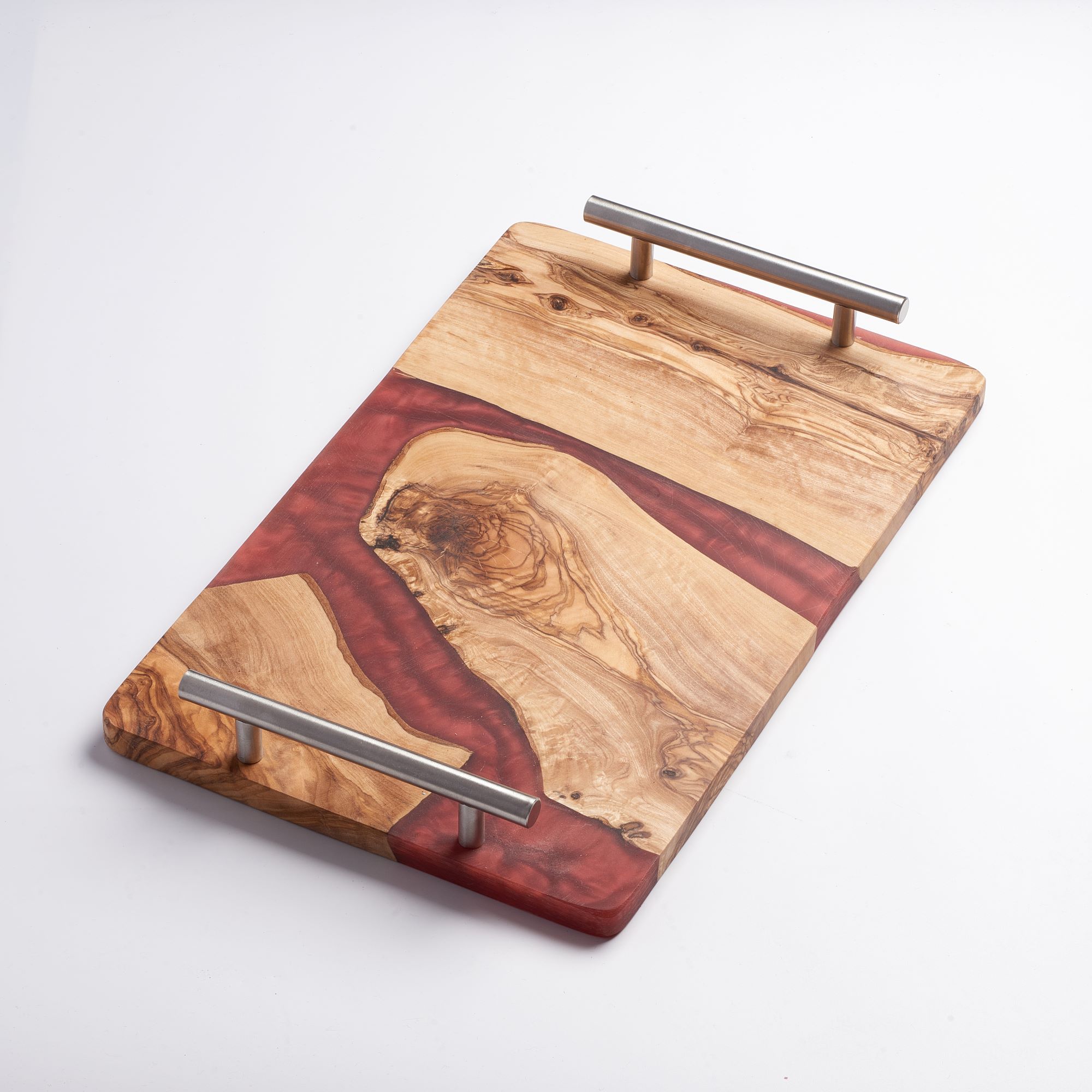 Olivenholztablett mit Epoxidharz und Metallgriff Rot Olivenholztablett mit Epoxidharz und Metallgriff Rot