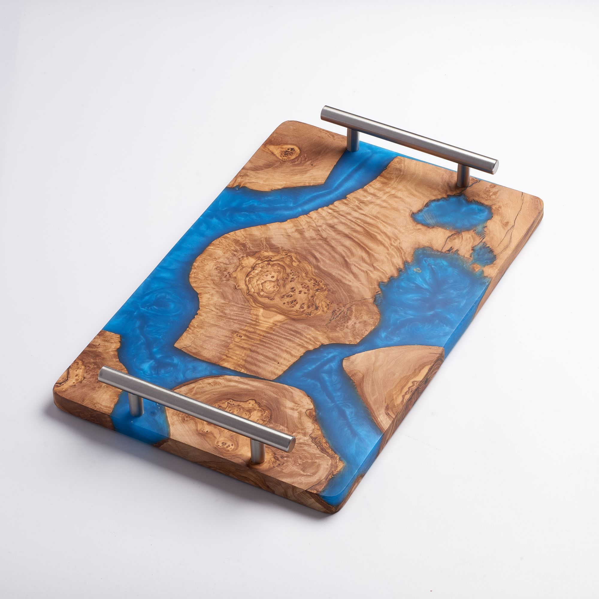 Olivenholztablett mit Epoxidharz und Metallgriff Blau Olivenholztablett mit Epoxidharz und Metallgriff Blau