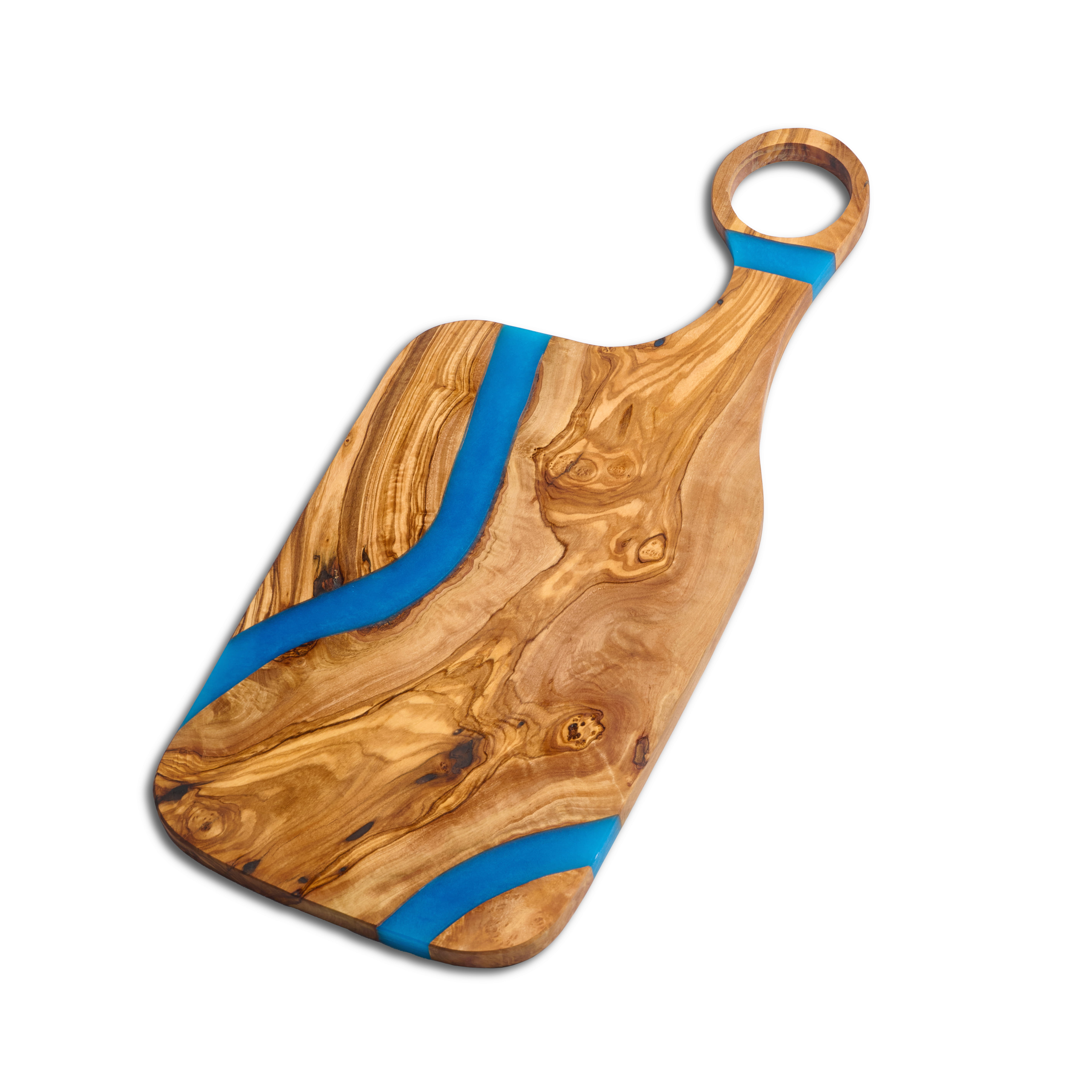 Olivenholzbrett mit Epoxidharz und Lochgriff Blau -  50x22